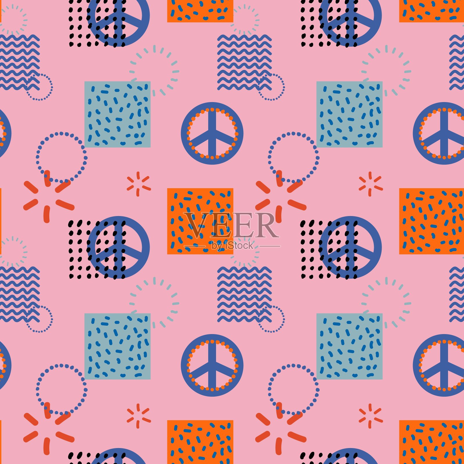 Groovy无缝模式与和平标志。矢量背景在时尚复古的trippy风格。60年代、70年代的嬉皮风格。时装、面料、纺织品、壁纸、封面设计。插画图片素材
