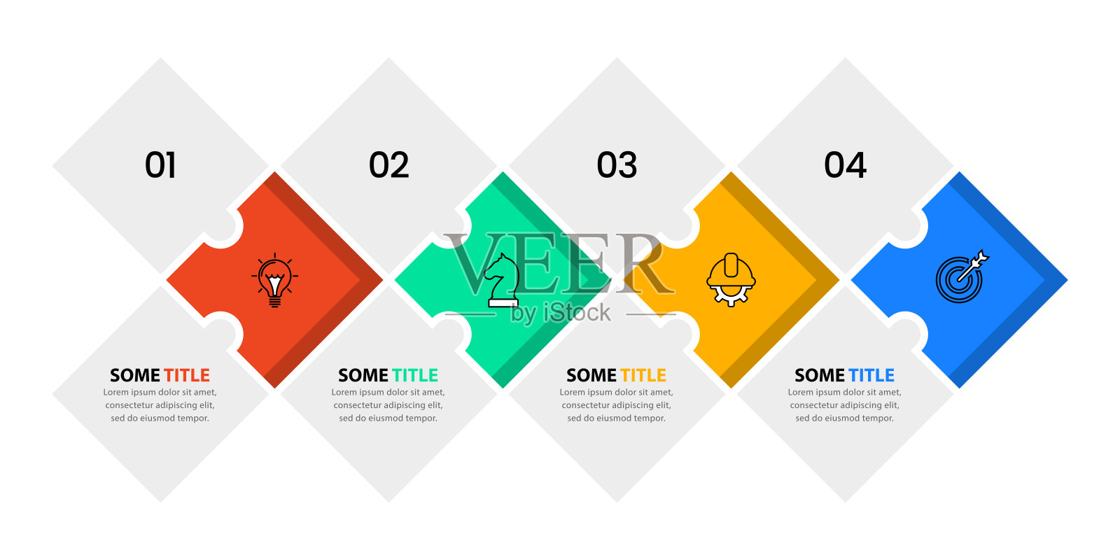 信息图表模板。用图标和箭头排成4个谜题插画图片素材