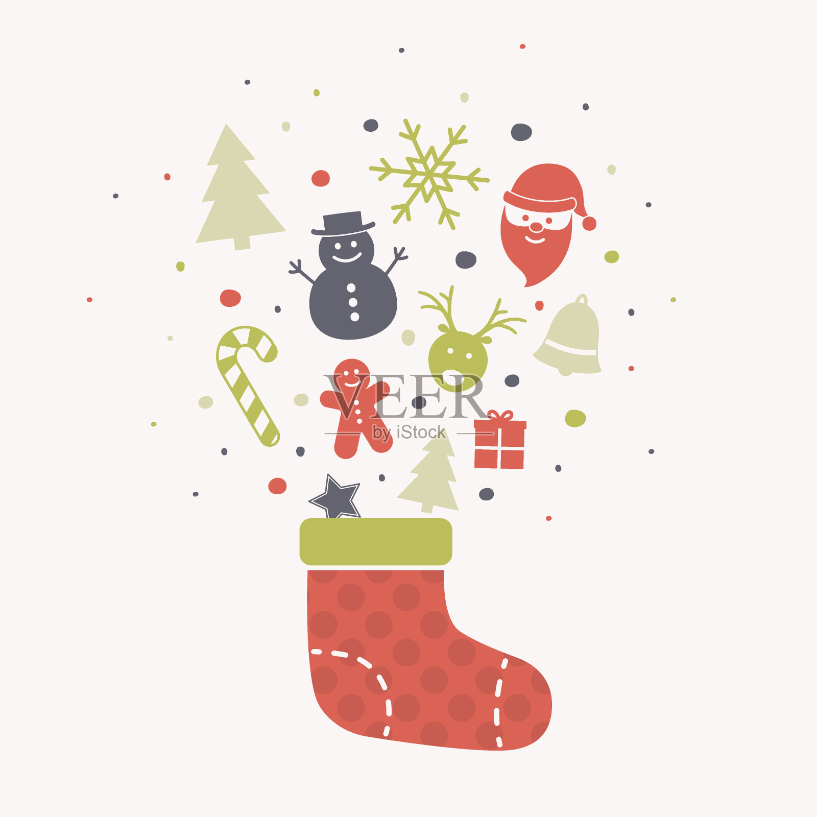 圣诞卡片的概念与装满礼物的袜子。向量插画图片素材