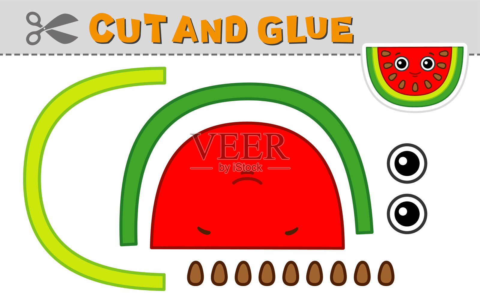 剪出贴花和胶水西瓜。矢量插图。纸张游戏，培养孩子的创造力、活动性和学习能力插画图片素材
