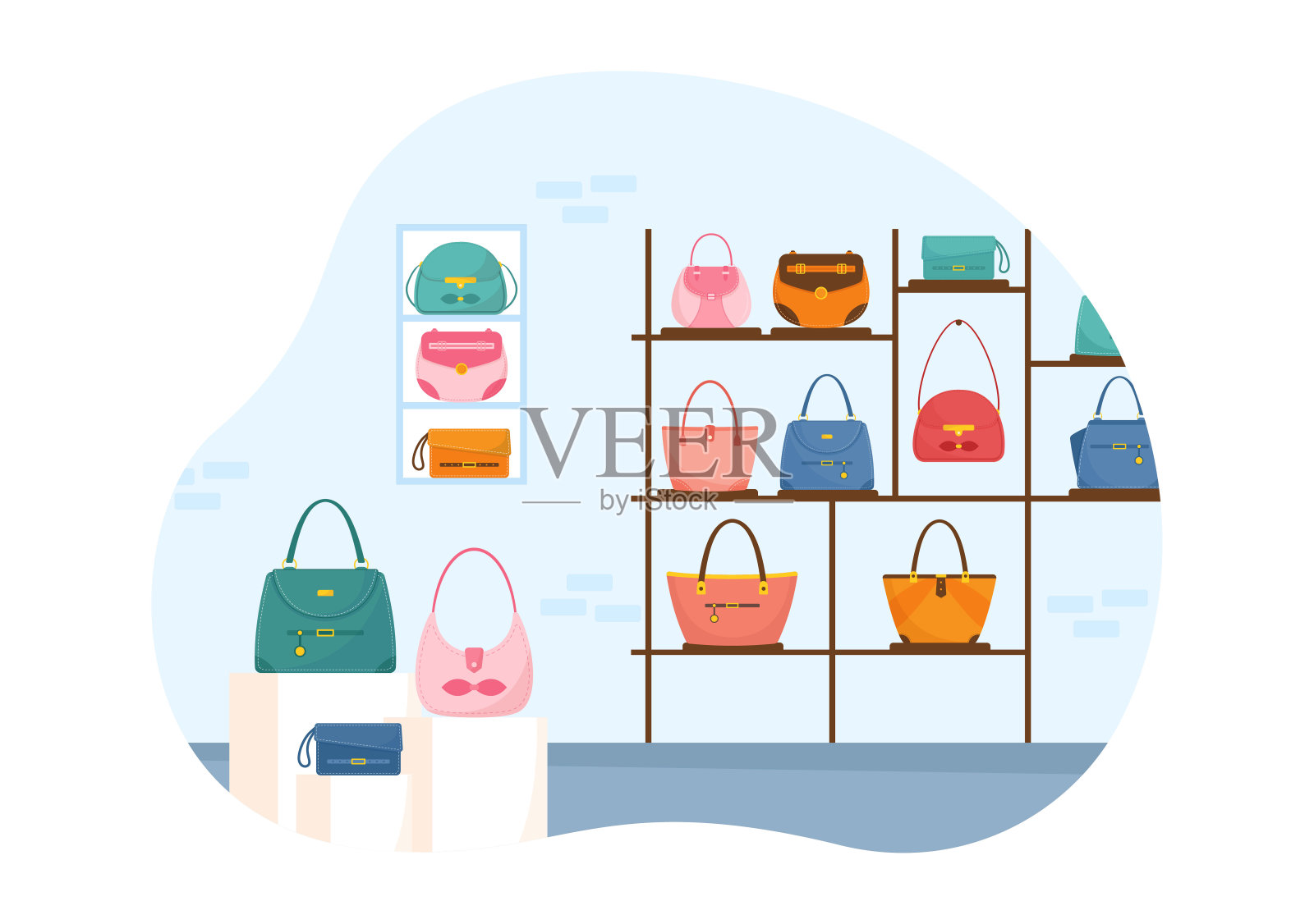 手提包商店收集各种质量的包和不同类型的生活方式在平面手绘卡通模板插图插画图片素材