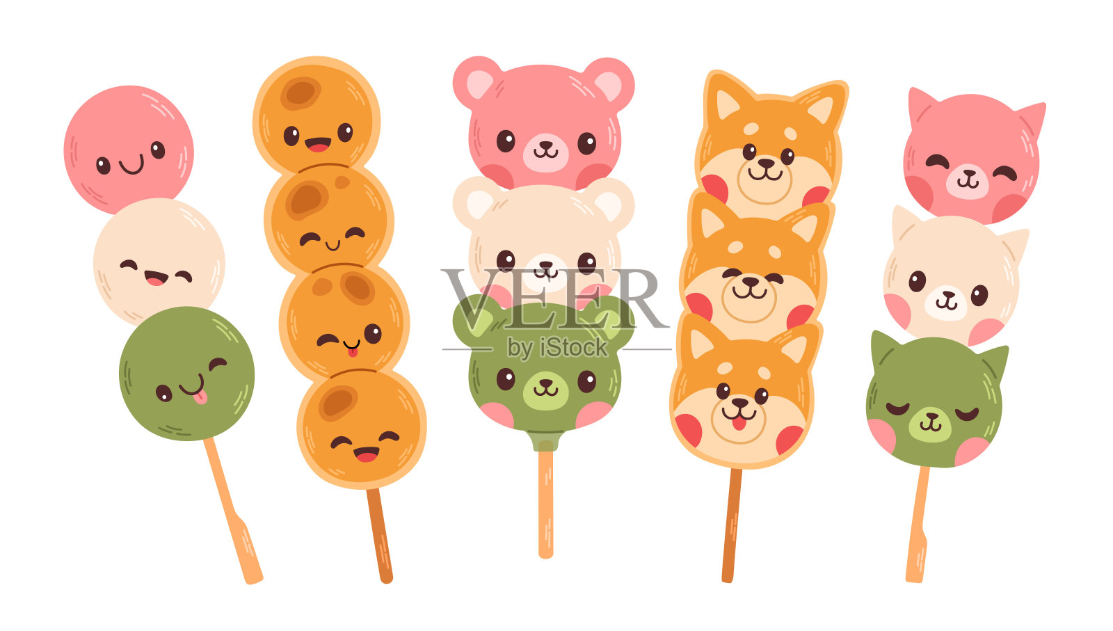 日本传统甜点，孤立在白色上。花见Dango甜点有3种颜色，粉红色，白色和绿色。插画图片素材