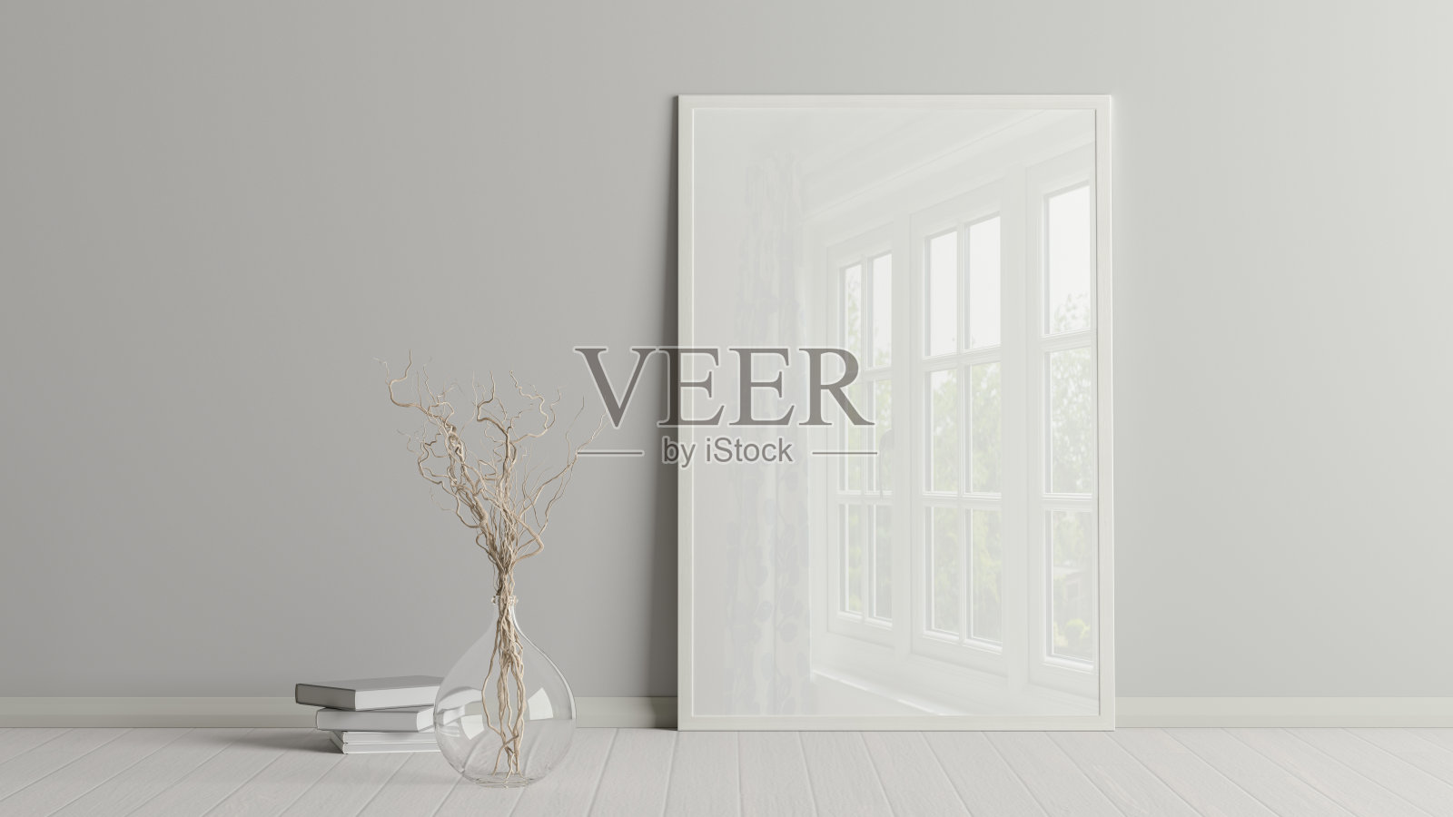 垂直海报框架模拟在客厅的地板上，白色的地板和墙壁。照片摄影图片