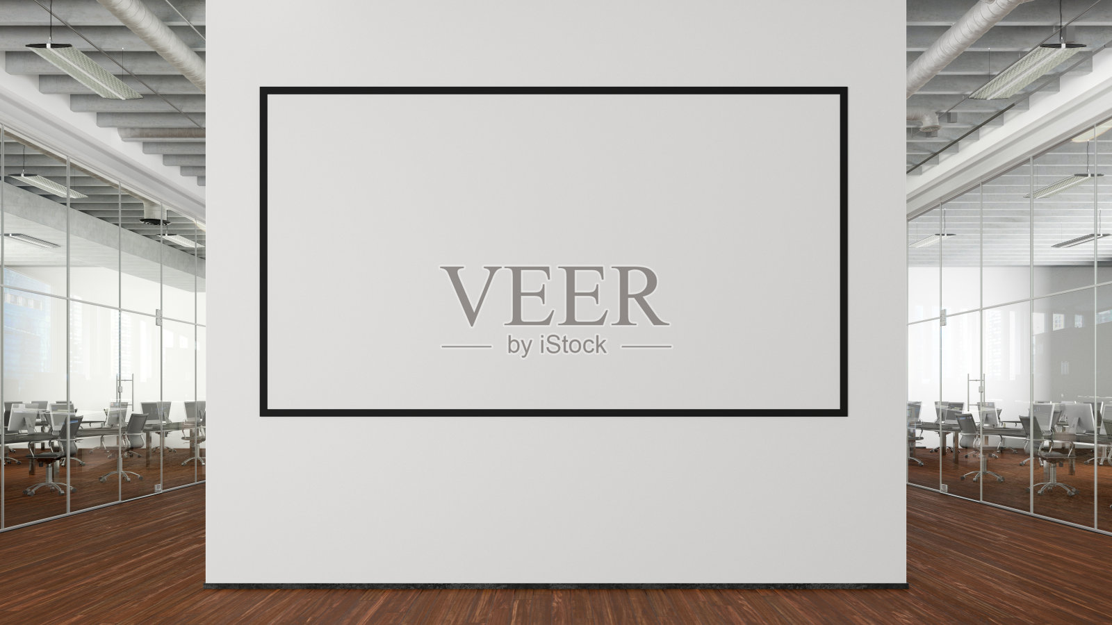 空白水平海报模拟在墙上的现代办公室内部。照片摄影图片