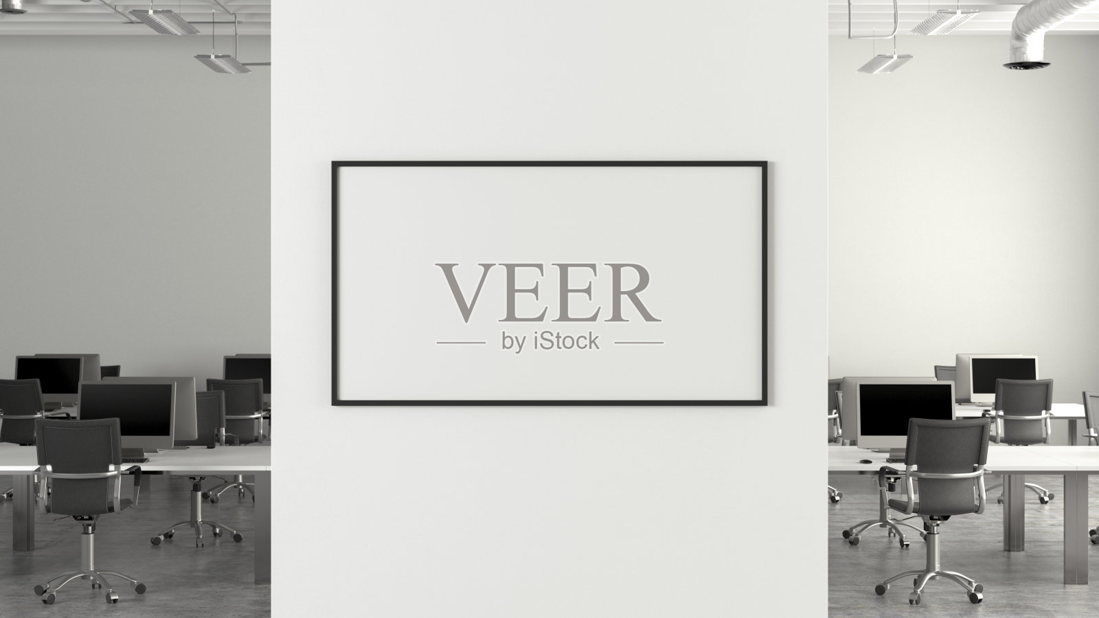 空白水平海报模拟在墙上的现代办公室内部。照片摄影图片