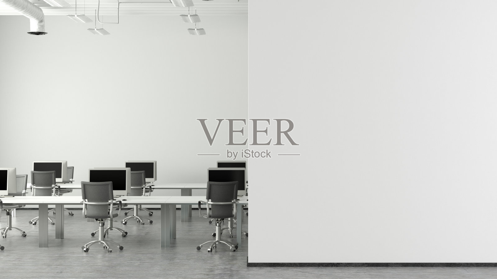 空白的白色办公室墙壁模拟在现代办公室内部。照片摄影图片