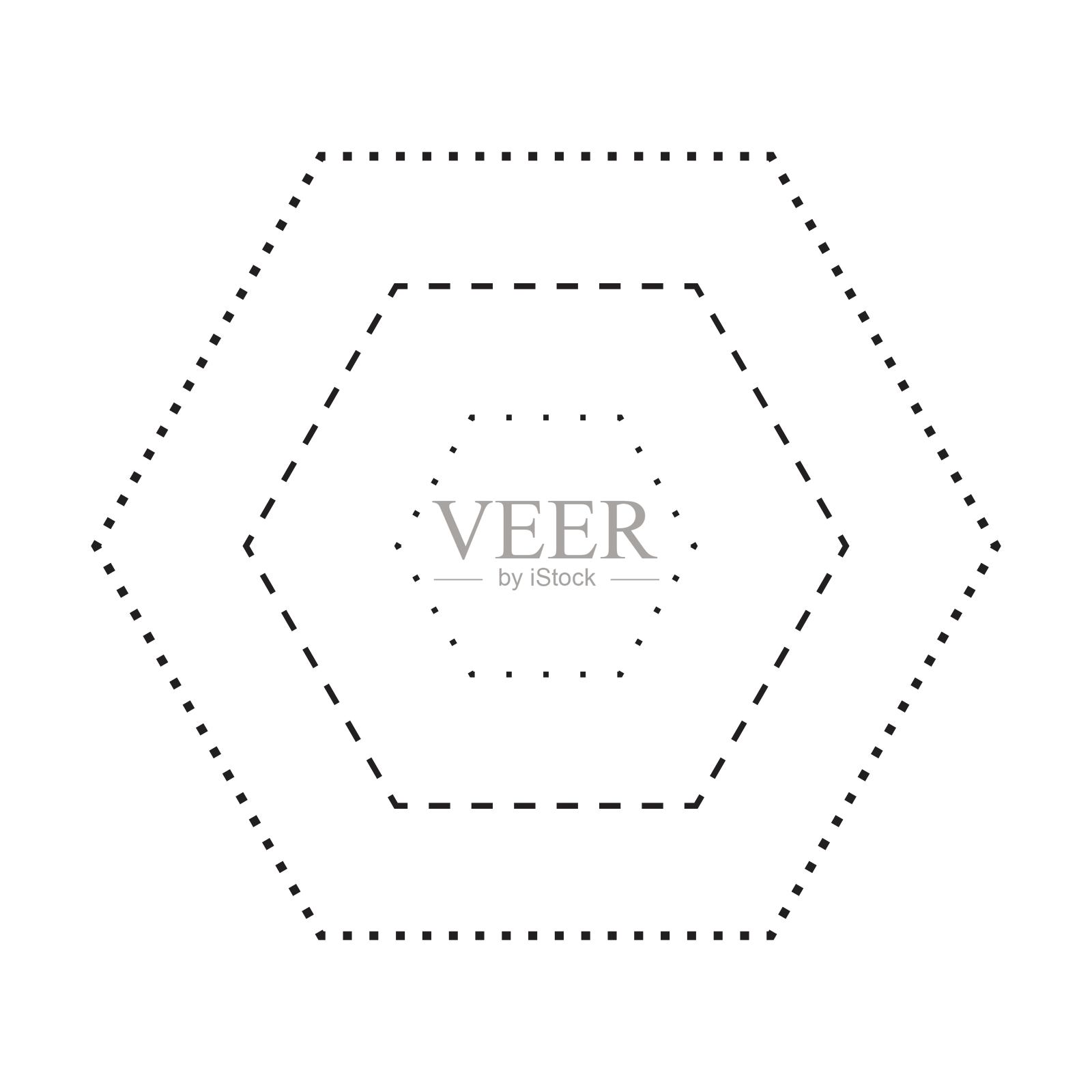 描摹六角形符号、虚线和虚线元素用于学前、幼儿园和蒙台梭利儿童的预写、绘画和切割练习活动插画图片素材