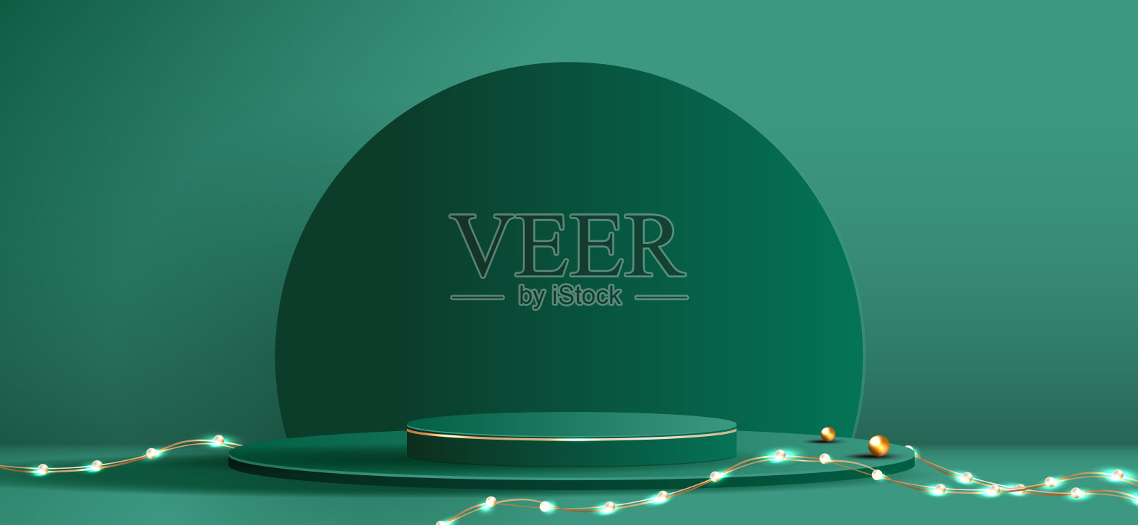 裙台形状的显示化妆品展示圣诞节或新年。站产品展示与圣诞树的绿色背景。矢量设计。插画图片素材