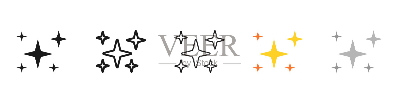 星星设置图标。评级，魔法，彗星，评论，顾客，服务评级，艺术，创意，外太空，天体，尾巴，发光，创意。矢量五个图标在不同的风格上的白色背景插画图片素材