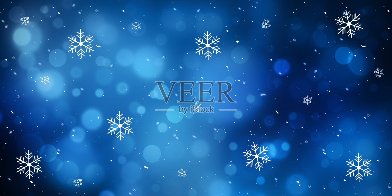 现代冬季背景与雪花飘落和发光的蓝色散景灯。冬夜壁纸背景用雪花插画图片素材