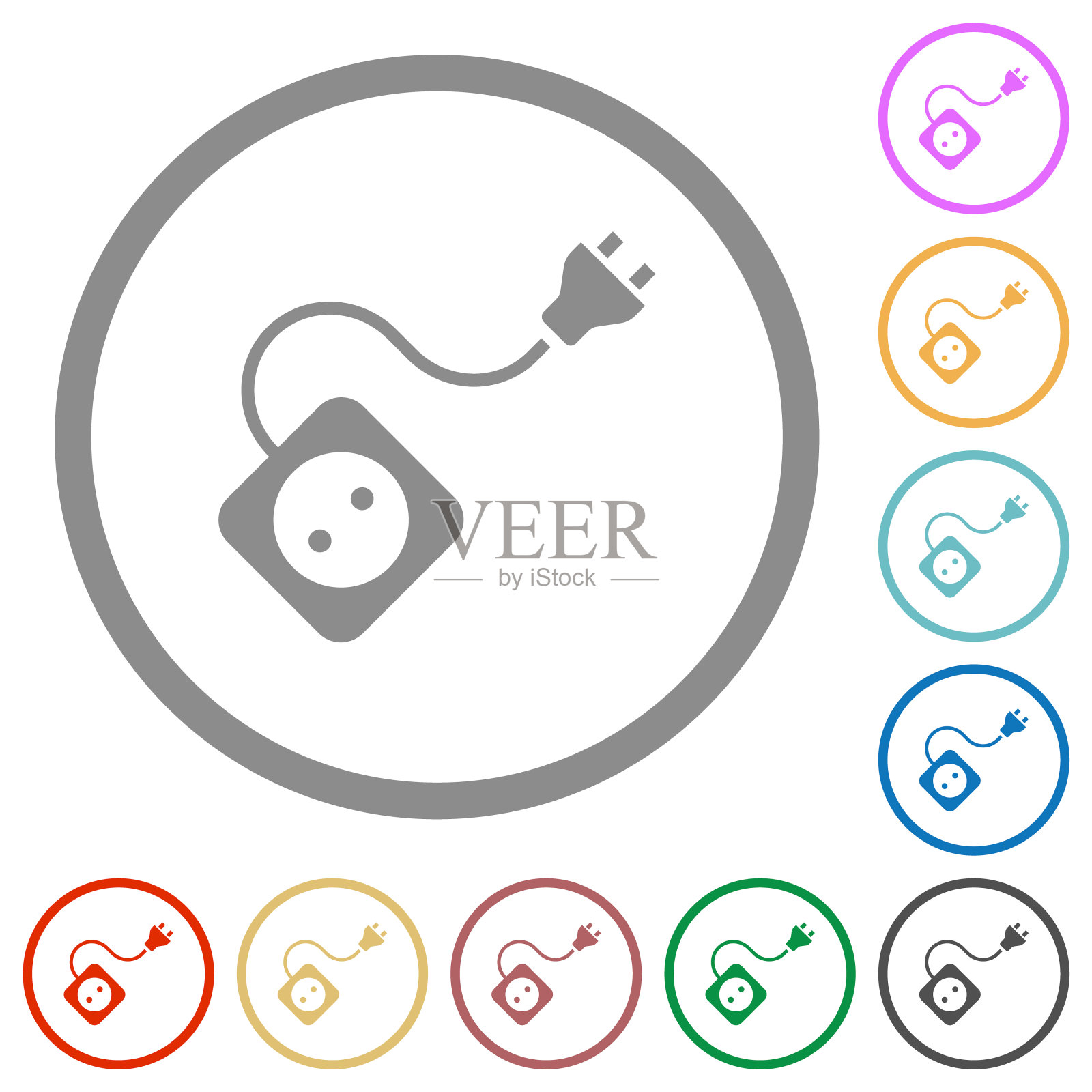 便携式电源插座与一个插座和延长线和插头实心平面图标与轮廓图标素材