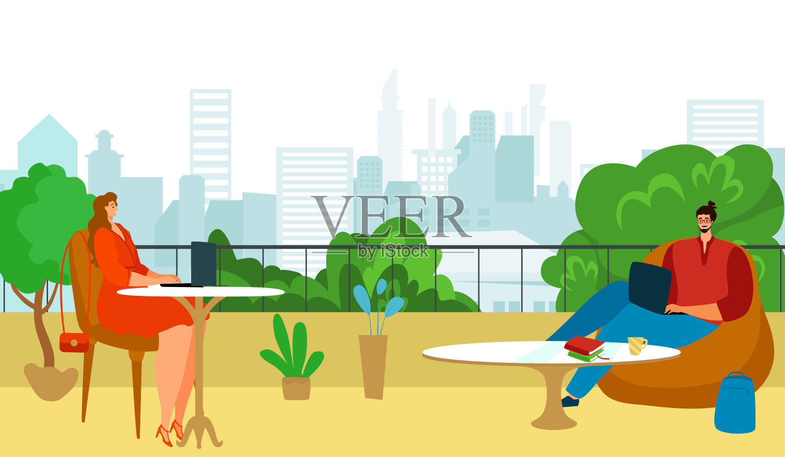 自由职业者夫妇在家工作，矢量插图，平面夫妇男女性格坐在露台工作，用电脑在线工作。插画图片素材