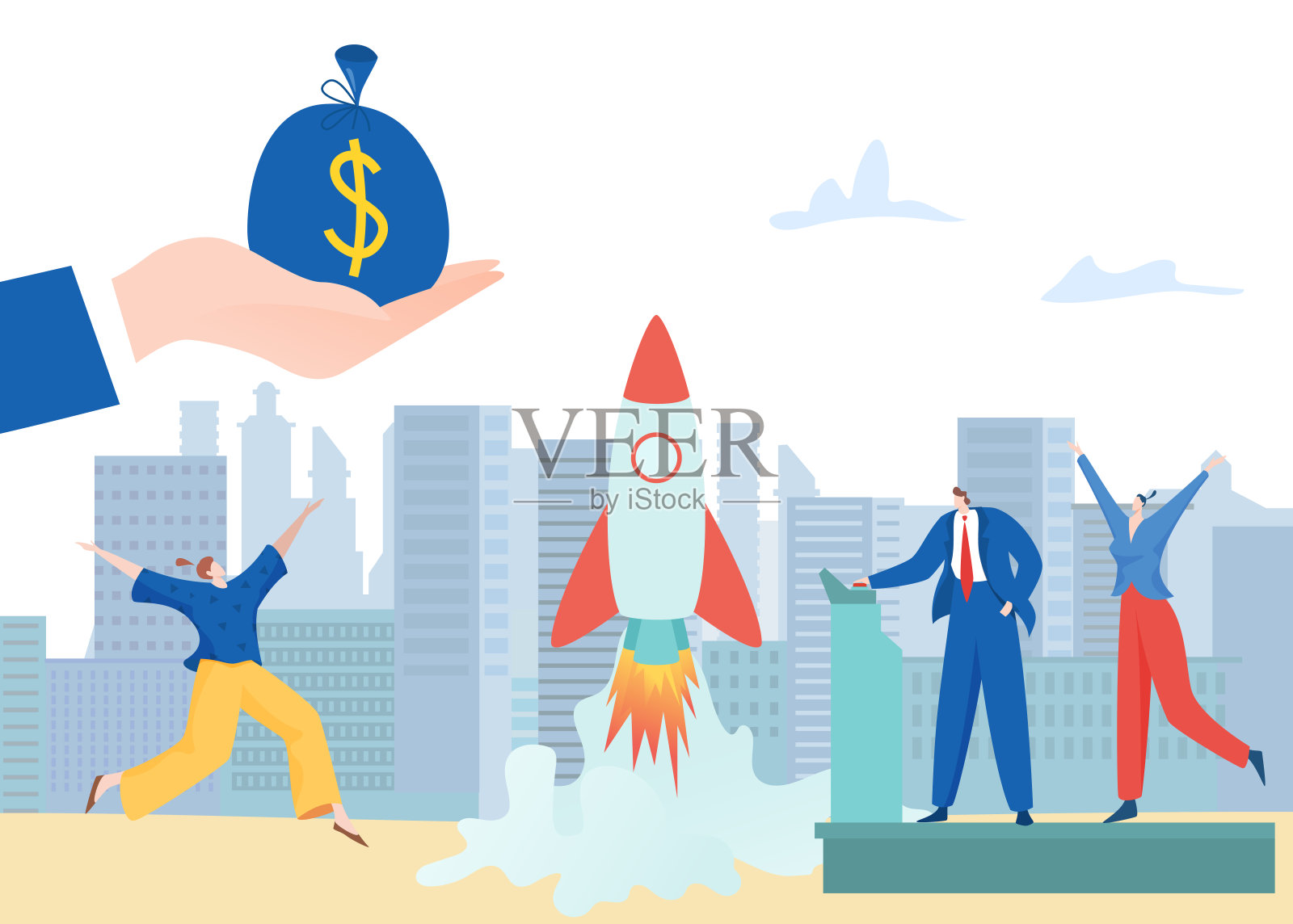 商业火箭创业概念，矢量插图，成功人士男女人物推出创新技术，创意项目。插画图片素材