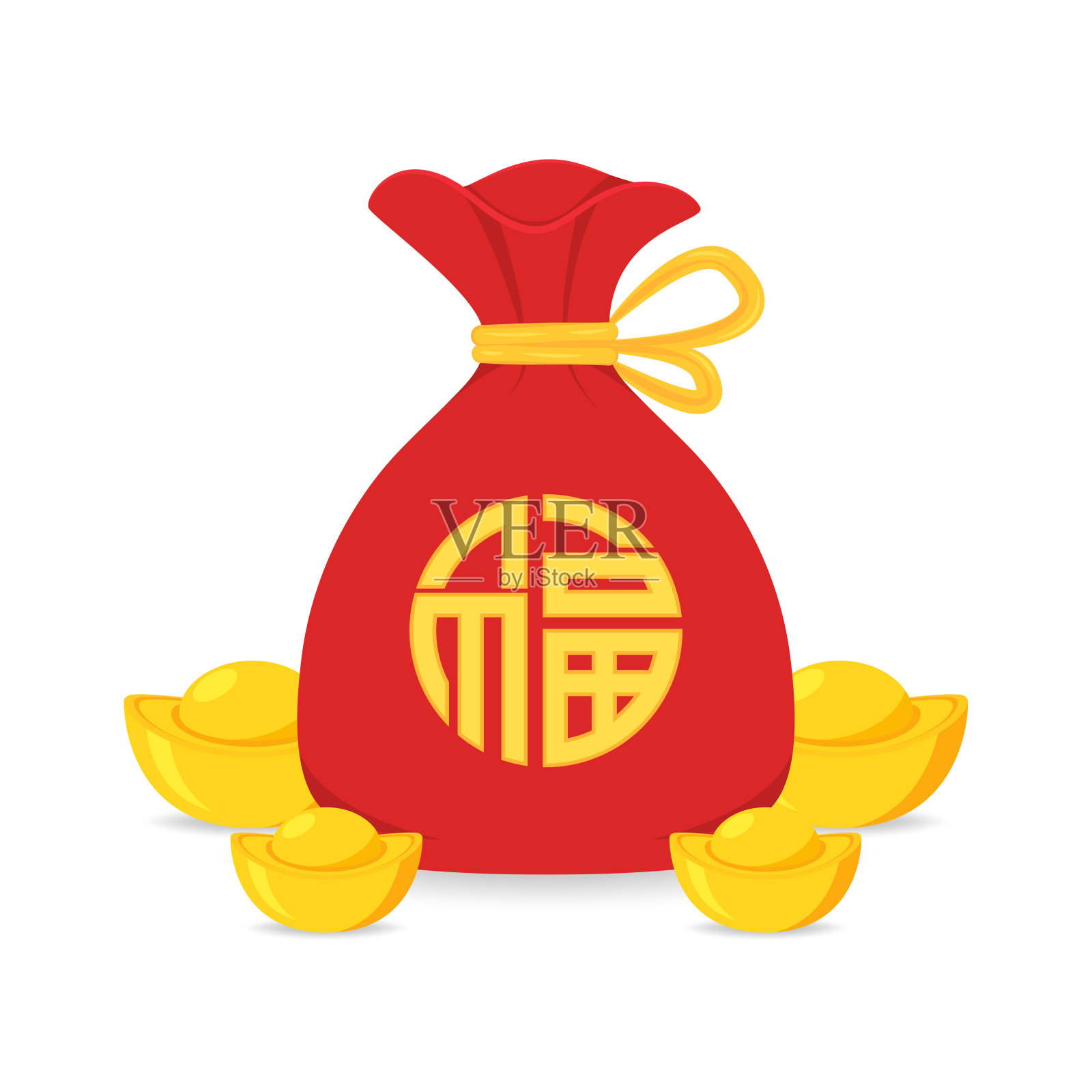 春节压岁钱口袋矢量。中国钱袋矢量。矢量平面长阴影设计。“福”字的意思是-好运。插画图片素材