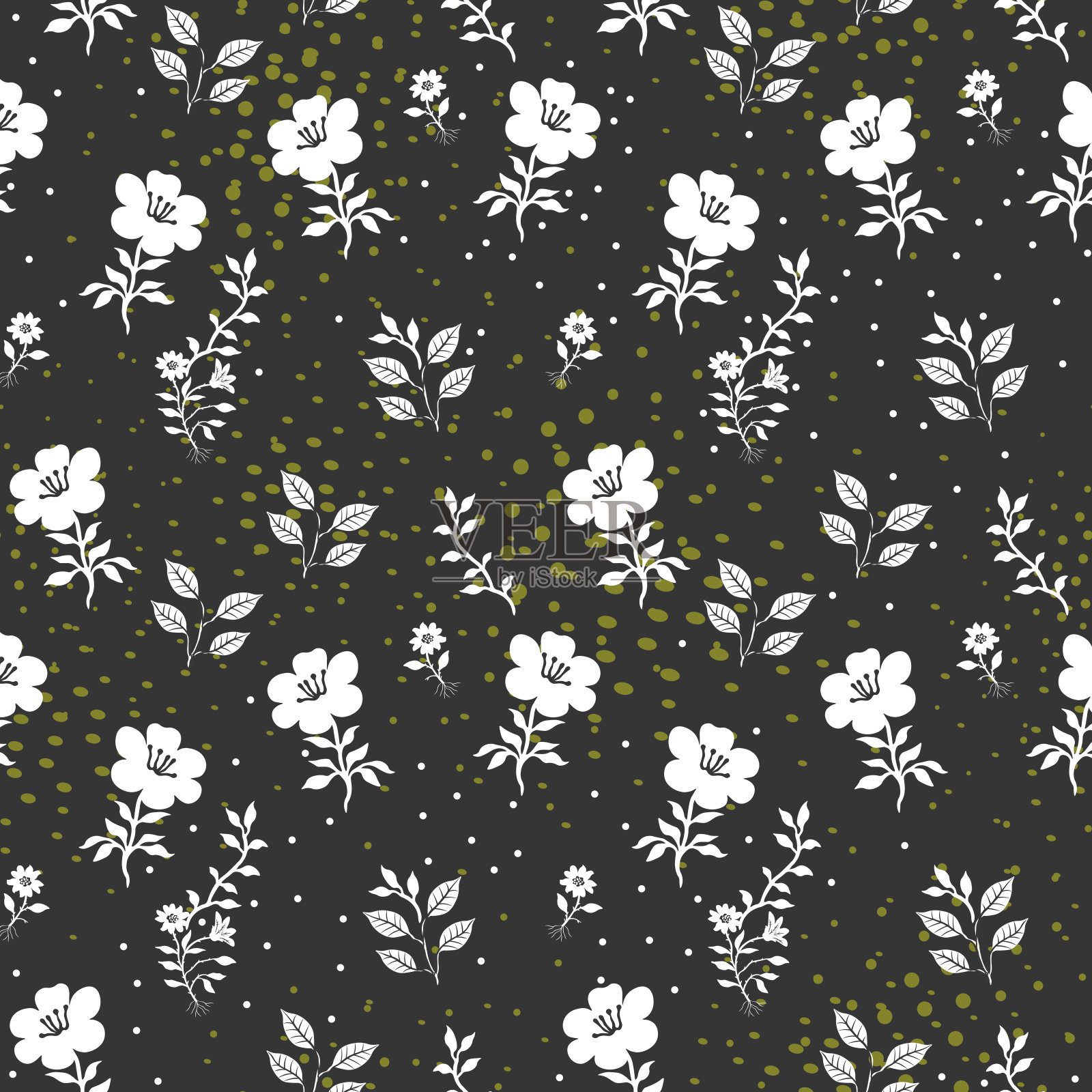 单色图案与野花和绿色圆圈图案。插画图片素材