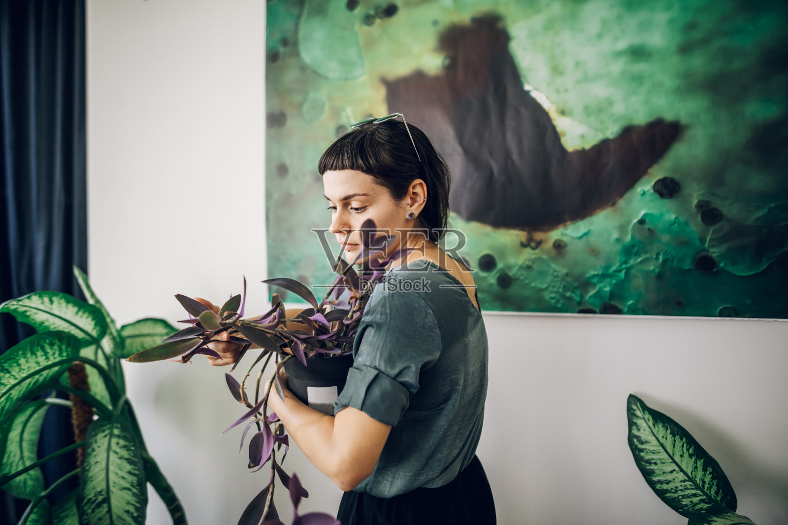 时尚的年轻女子照顾她的室内植物照片摄影图片