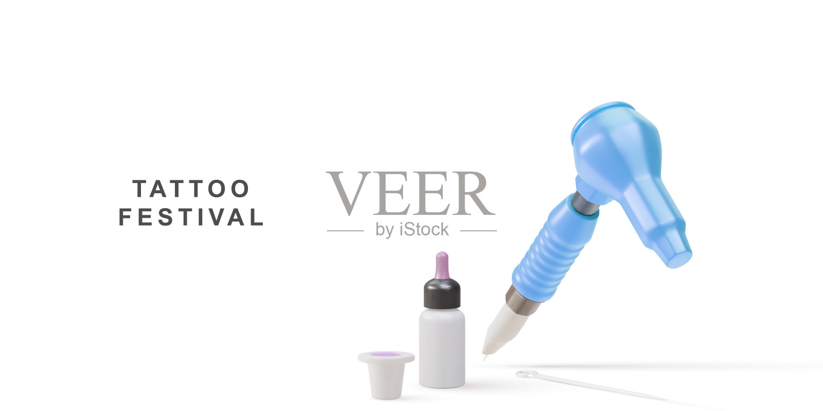 3d逼真的纹身节日海报纹身机，纹身针，油漆和纹身塑料瓶。矢量插图。插画图片素材