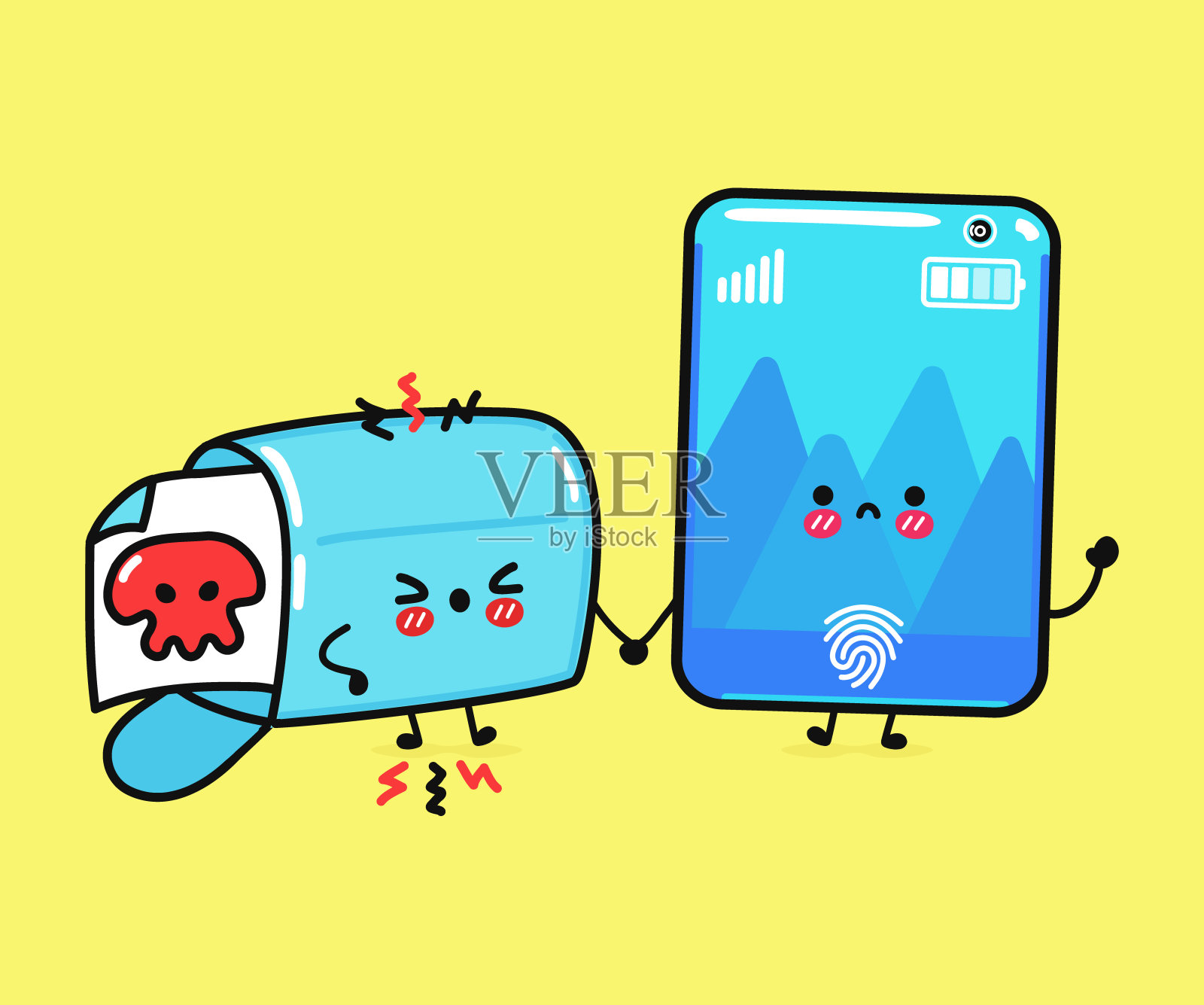 可爱，有趣的愤怒智能手机和邮箱与划桨标志。矢量手绘卡通卡哇伊人物，插图图标。有趣的卡通智能手机和短信吉祥物人物概念插画图片素材