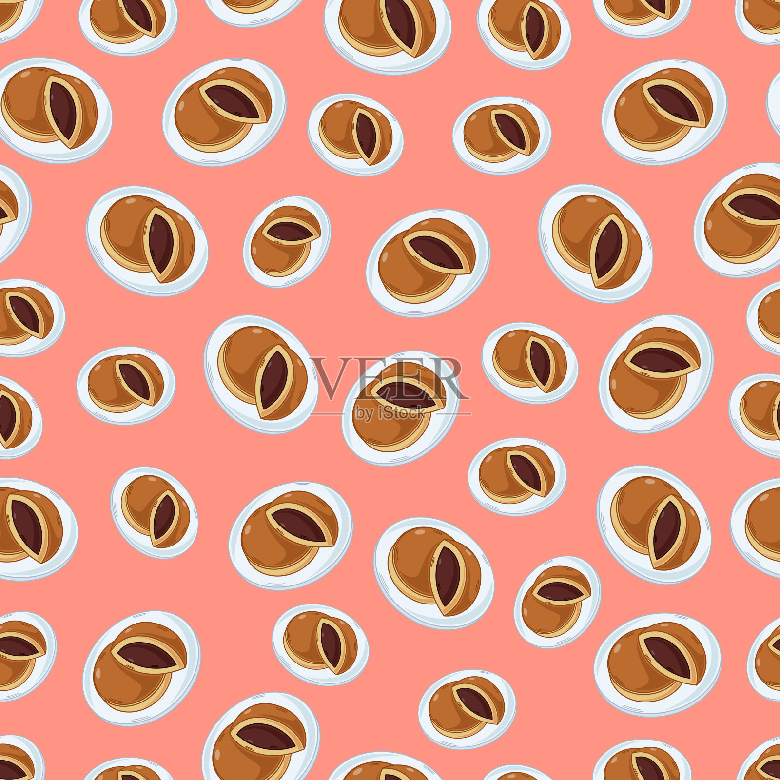 卡通dorayaki，日式料理无缝图案在多彩的背景上插画图片素材