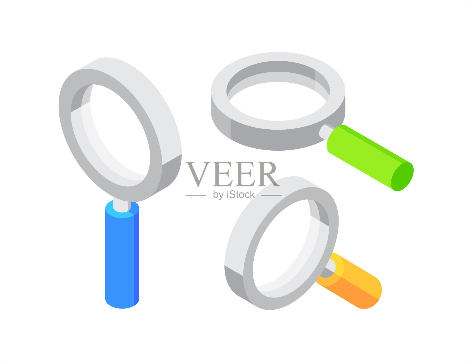 不同角度的放大镜。平面，3d，矢量，等距，卡通风格的插图隔离在白色背景上。插画图片素材