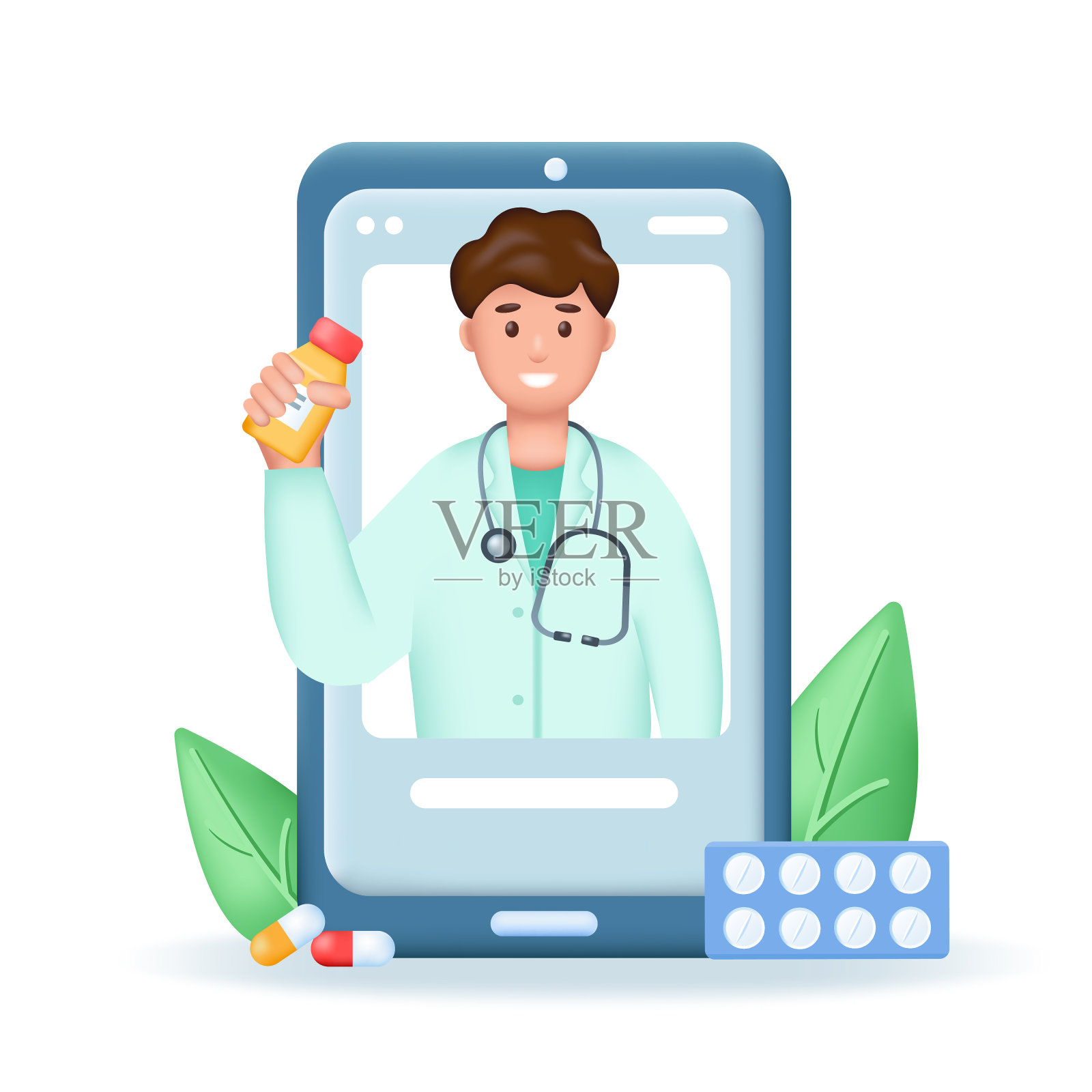 年轻的医生在智能手机屏幕上用药。在线医疗保健，远程医疗或医疗咨询3d概念。插画图片素材