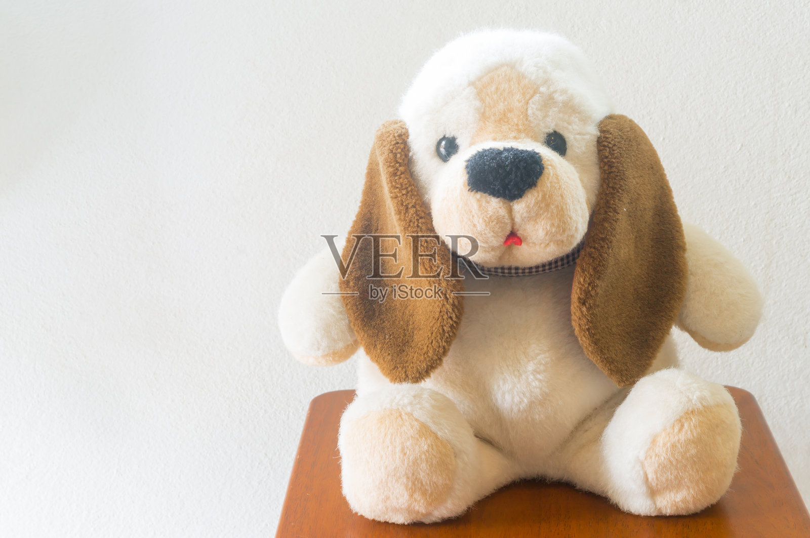 可爱的小狗娃娃坐在椅子上，靠在房间墙壁上的文字复制空间，可爱的毛绒小狗娃娃供孩子或孩子玩耍照片摄影图片