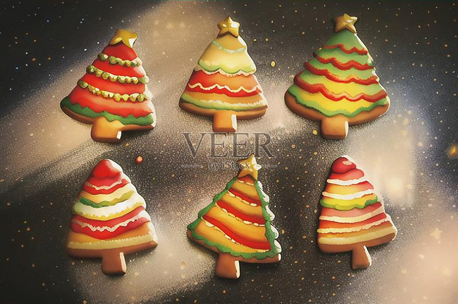 圣诞姜饼。美味的姜饼饼干加蜂蜜、姜和肉桂。在黑色背景与糖粉冬季组成。新年或圣诞贺卡设计。俯视图平铺插画图片素材