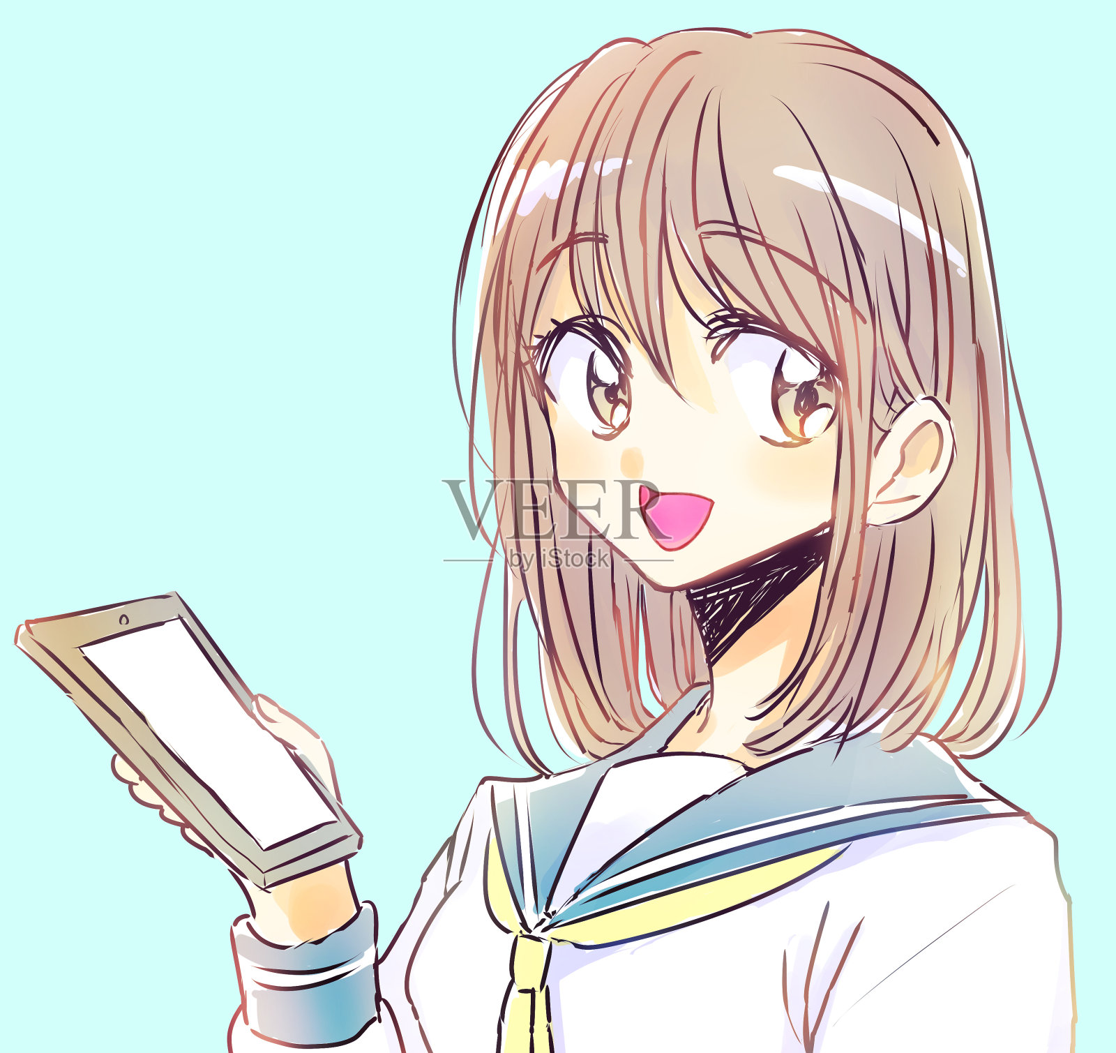 微笑着拿着智能手机的女学生插画图片素材