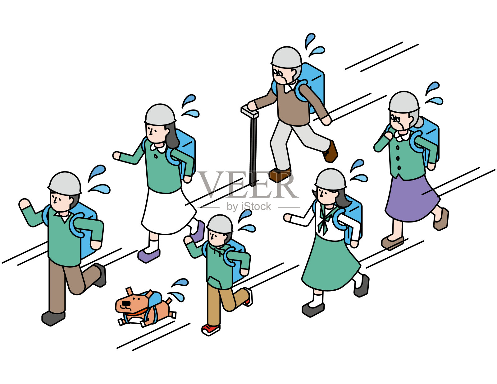 等距图显示一个三口之家和一只宠物狗撤离设计元素图片