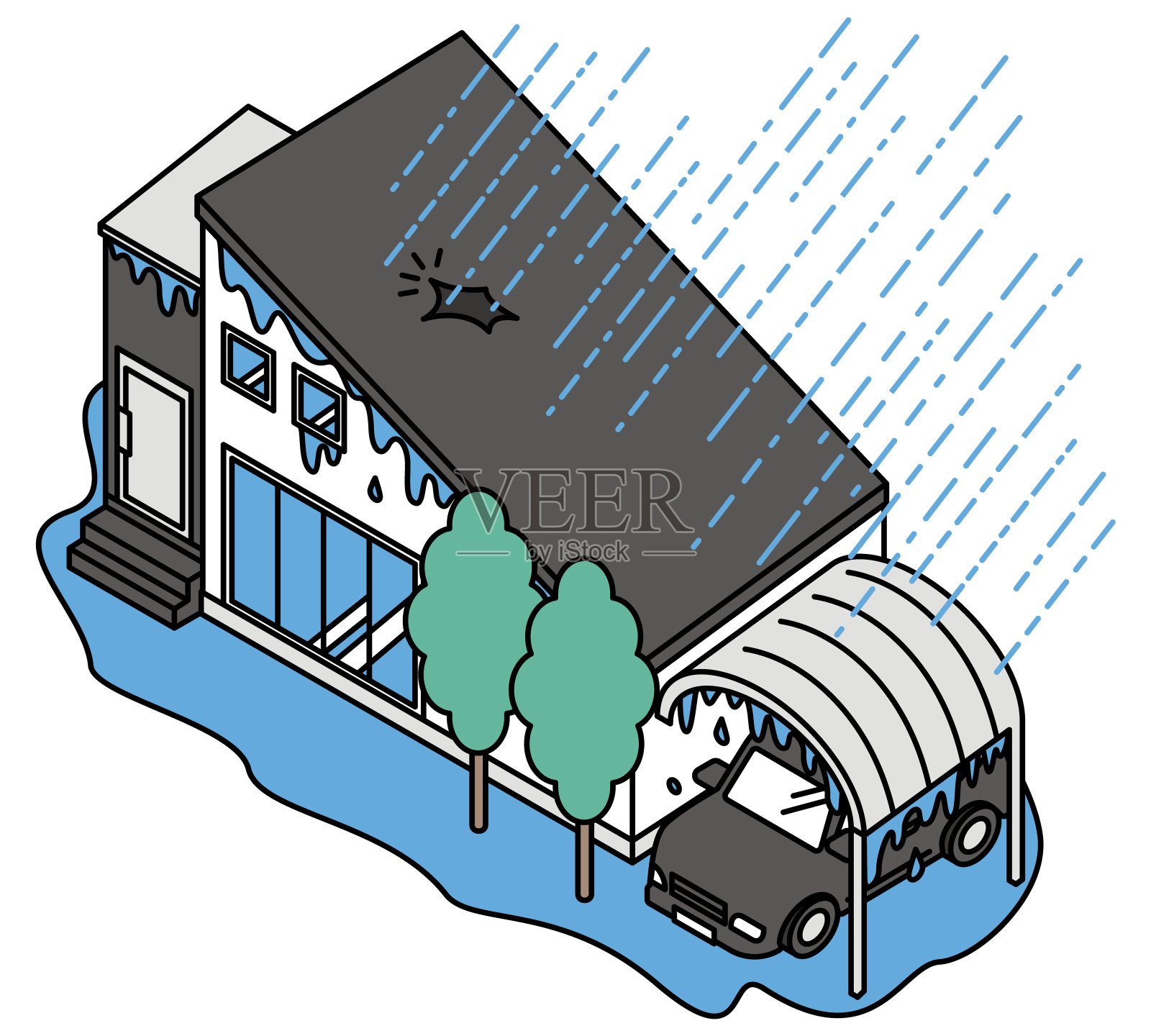 由于大雨而漏水的房子的等距插图插画图片素材