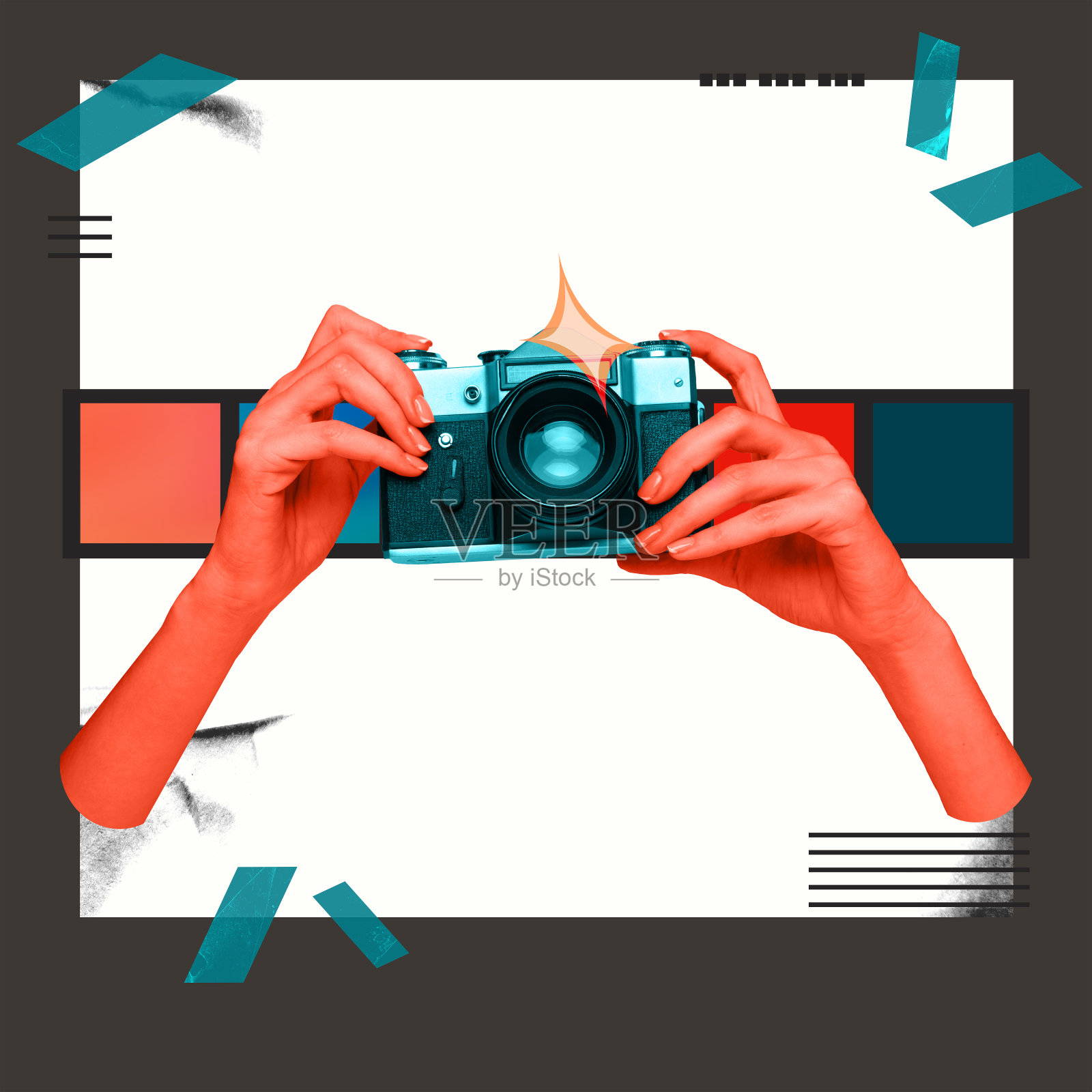 当代艺术拼贴与女性的手制作照片与老式相机。灵感，想法，创造力，超现实主义。色彩斑斓的极简主义照片摄影图片