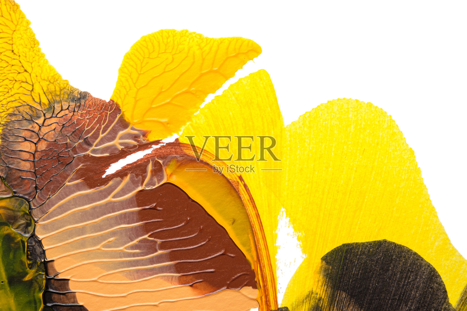 采用罗夏墨渍法在白纸背景上画出棕黄色的抽象丙烯颜料照片摄影图片