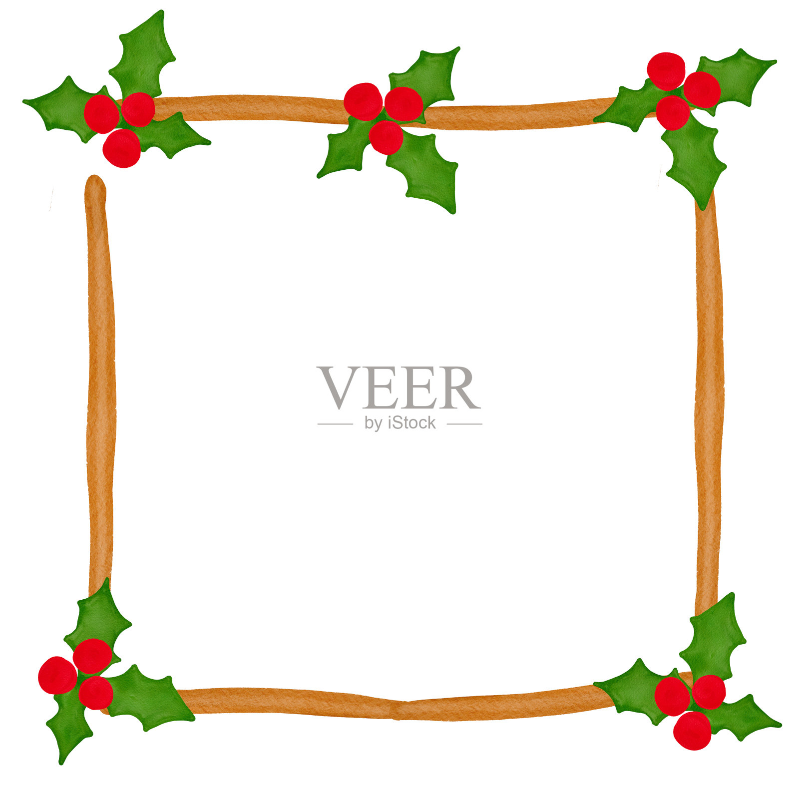 水彩圣诞木制方形框架与花卉元素和槲寄生冬青浆果。手绘孤立的白色背景插画图片素材