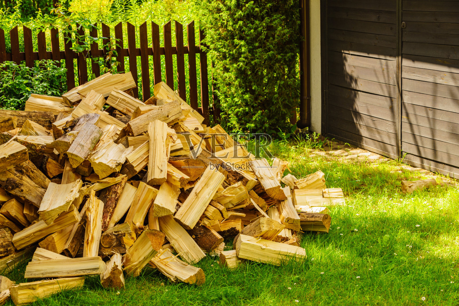 绿草地上的一堆柴火。照片摄影图片