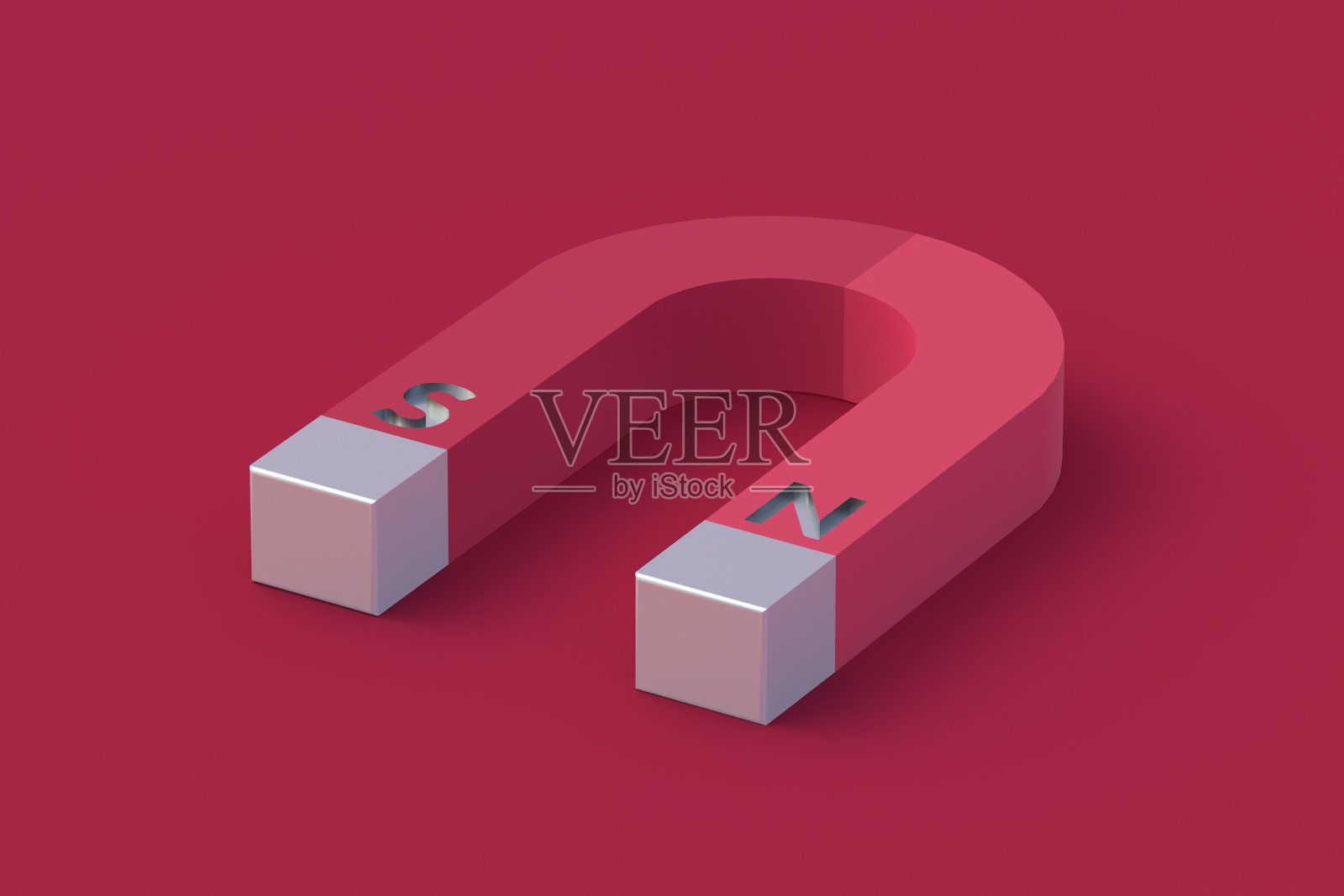 红色背景上的洋红色磁铁。2023年的流行色。三维渲染照片摄影图片