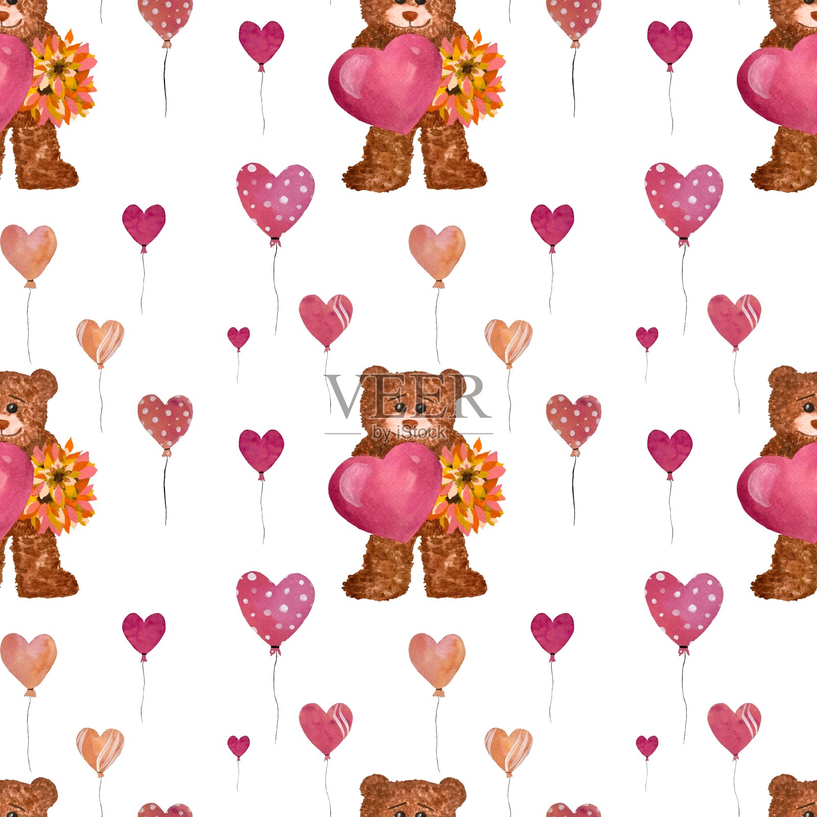 熊心花气球可爱图案水彩插画图片素材