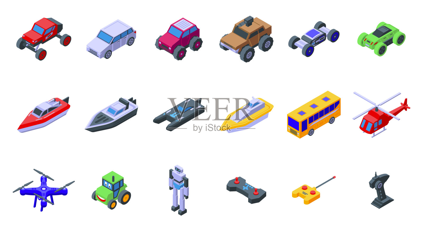 无线电控制玩具图标设置等距矢量。Rc玩具插画图片素材