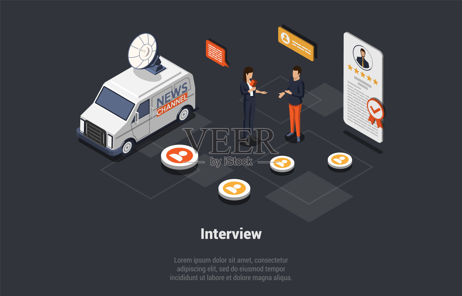 采访、广播、传播与简要新闻概念。女记者采访知名媒体人。招聘，就业，猎头。等距3d卡通矢量插图插画图片素材