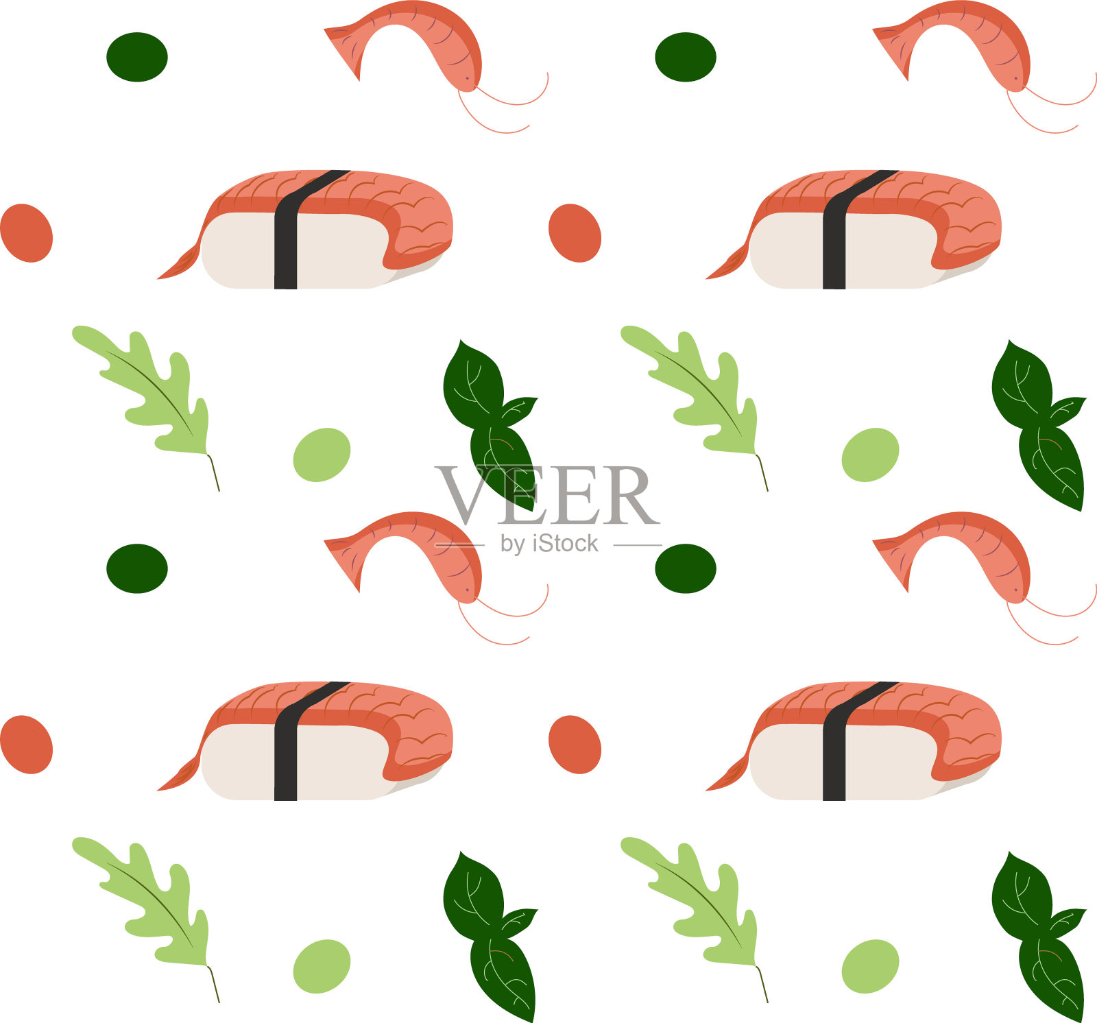 无缝模式中国人吃。虾，寿司虾，蔬菜。亚洲食品。矢量插图。插画图片素材