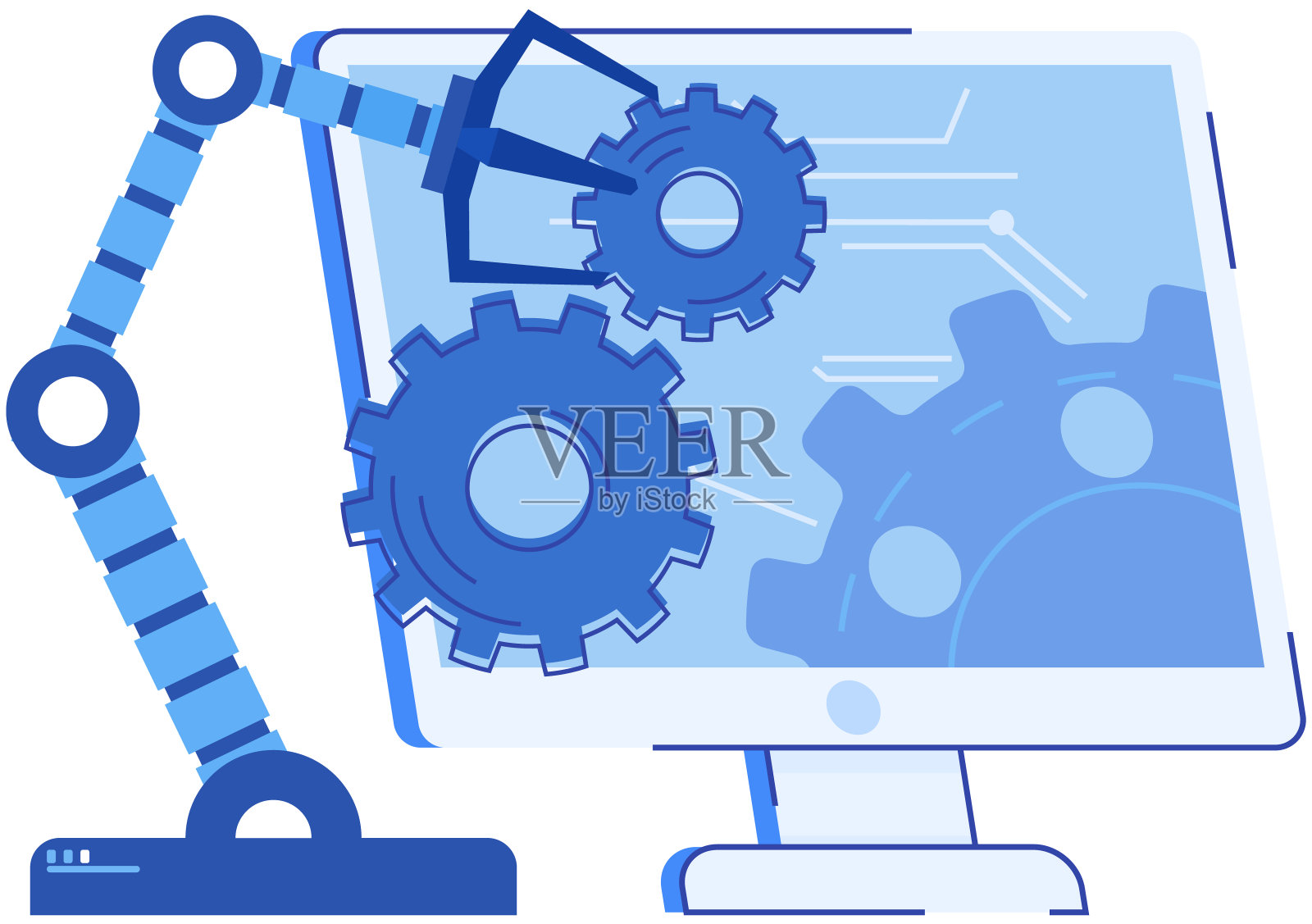 机械臂拿起齿轮。技术生产设备，机器为工厂自动化插画图片素材