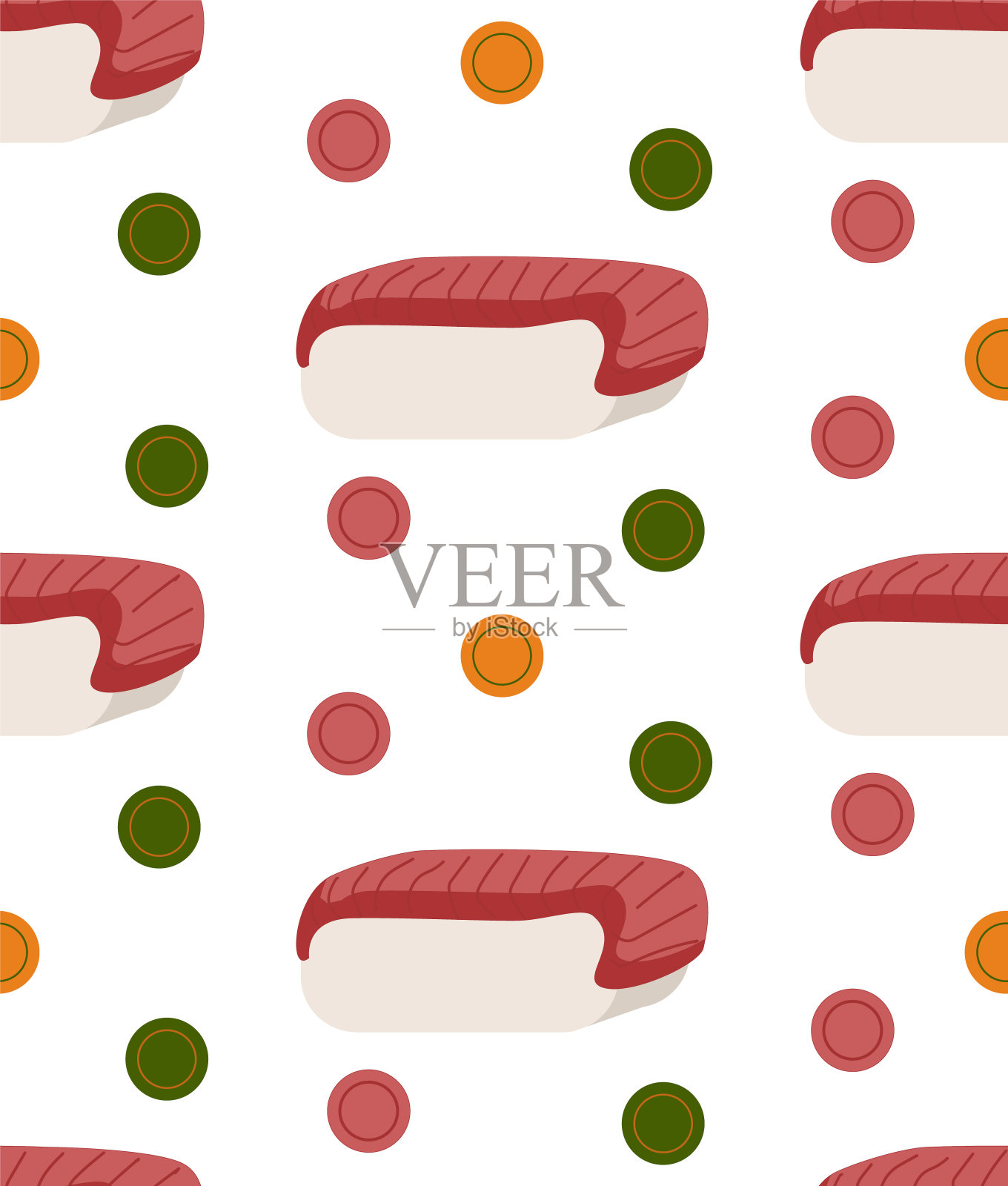 无缝模式中国人吃。寿司配金枪鱼和颜色圈。亚洲食品。矢量插图。插画图片素材