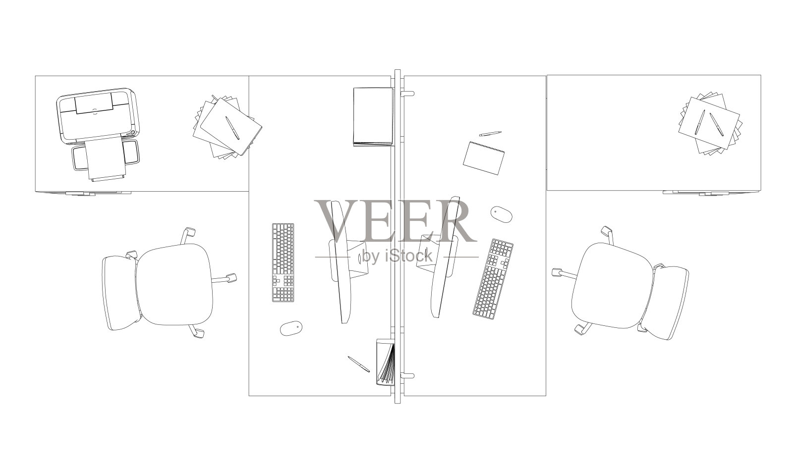 两个办公场所的轮廓，电脑和配件由白色背景上隔离的黑线组成。从上面看。3 d。矢量插图。插画图片素材
