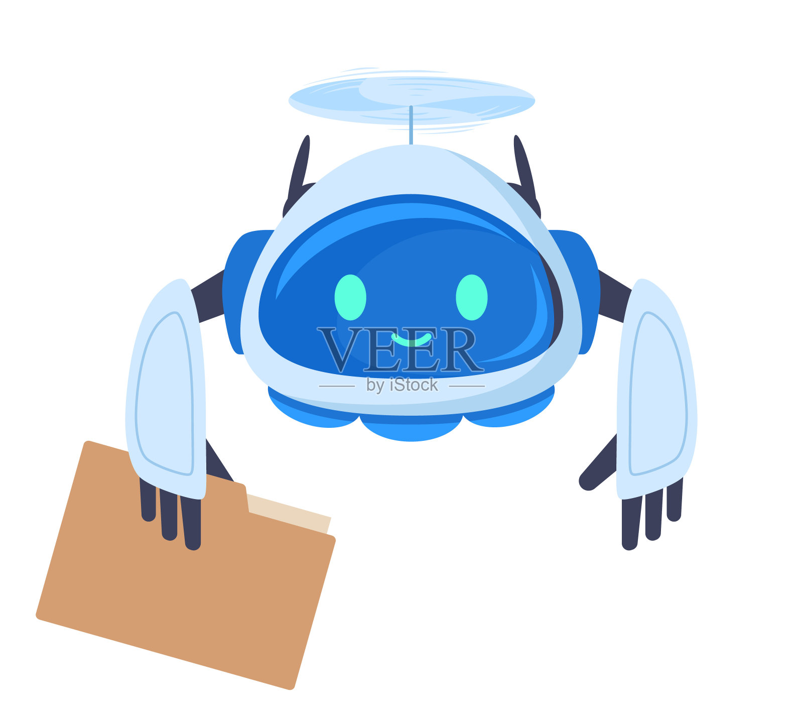 卡通无人机。飞行机器人四轴飞行器携带字母孤立平面矢量插图在白色背景插画图片素材