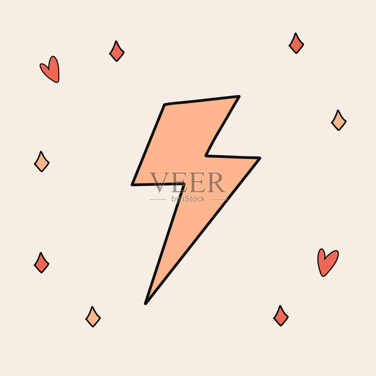 有趣的复古贴纸Groovy闪电螺栓。复古卡通六七十年代的迷幻元素插画图片素材