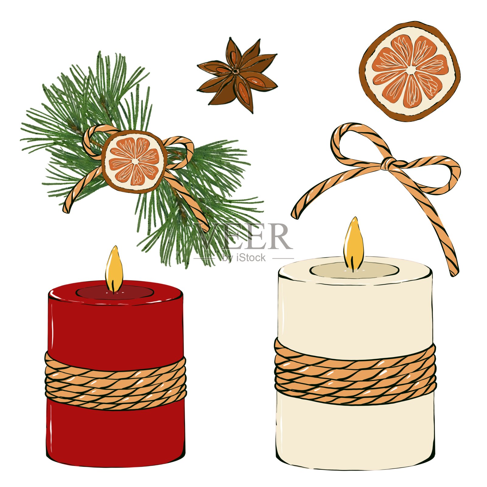 圣诞蜡烛，复古冬季装饰品。孤立在白色背景上。手绘插图插画图片素材
