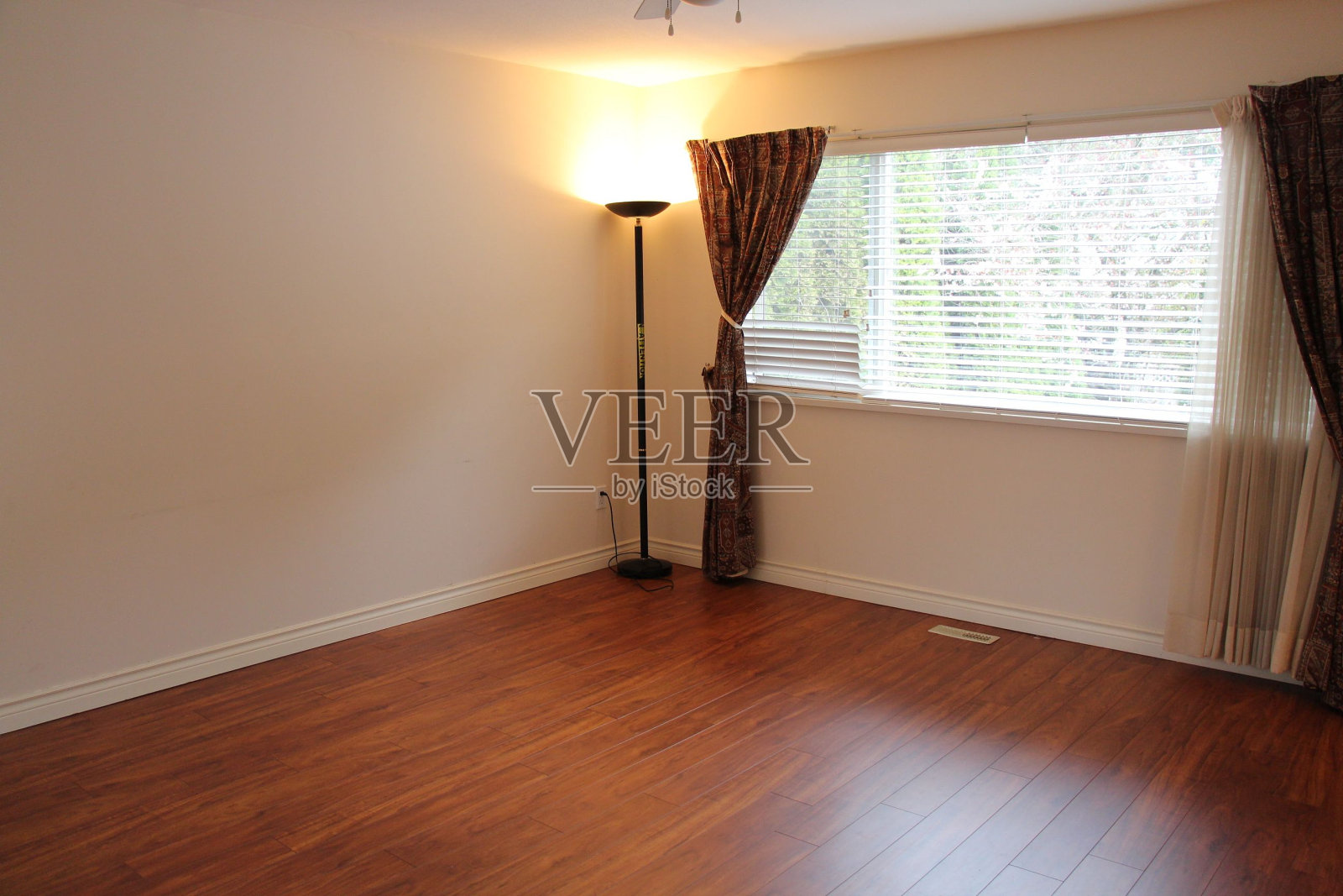 一间崭新的房子里有白色墙壁和木地板的大空房间的内景照片摄影图片