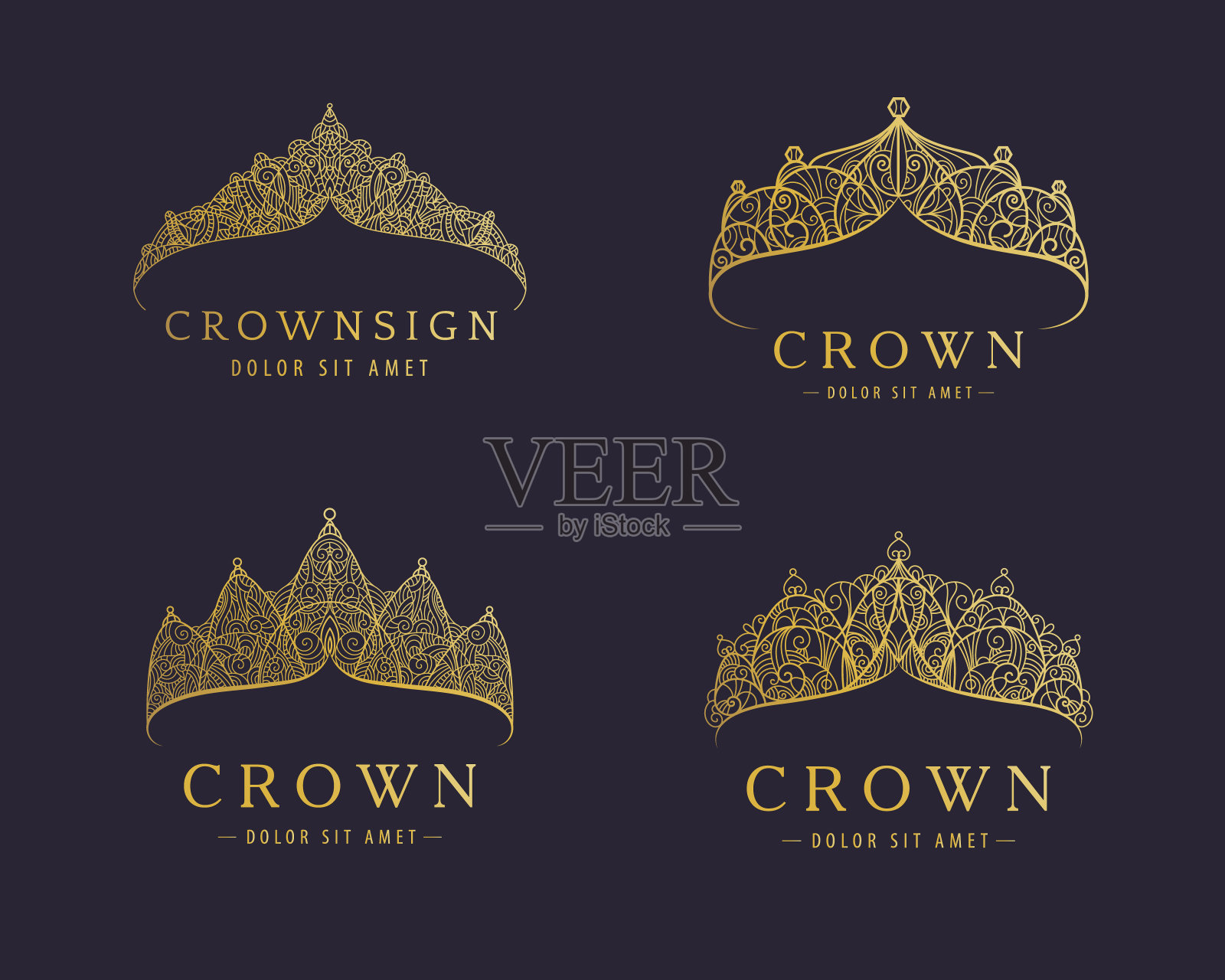 集抽象奢华、皇家金公司图标矢量设计。优雅的皇冠，头饰，冠冕的高级符号。手绘蕾丝珠宝，阿拉伯语，餐厅，酒店插画图片素材