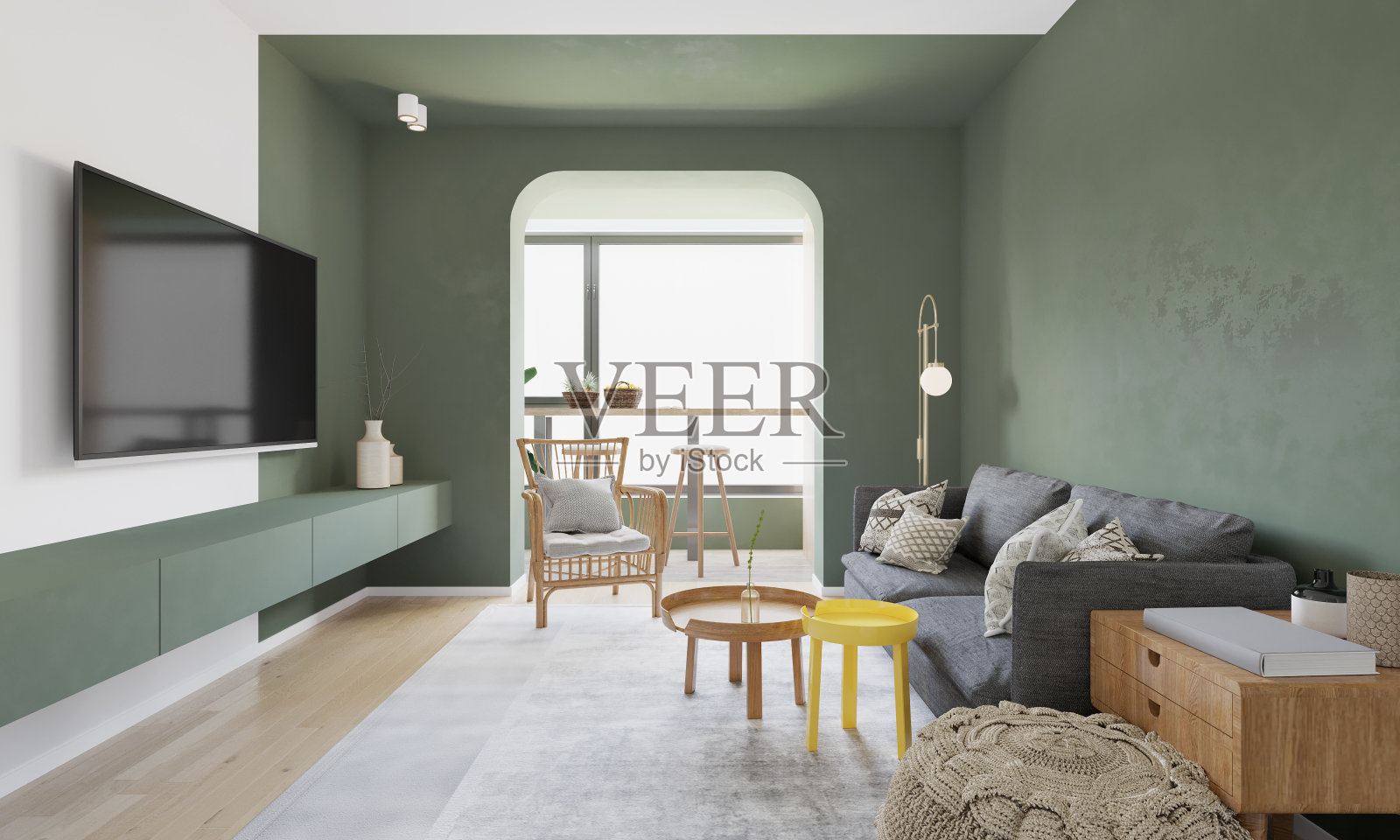 现代风格的客厅室内装饰有绿色墙壁。三维演示照片摄影图片