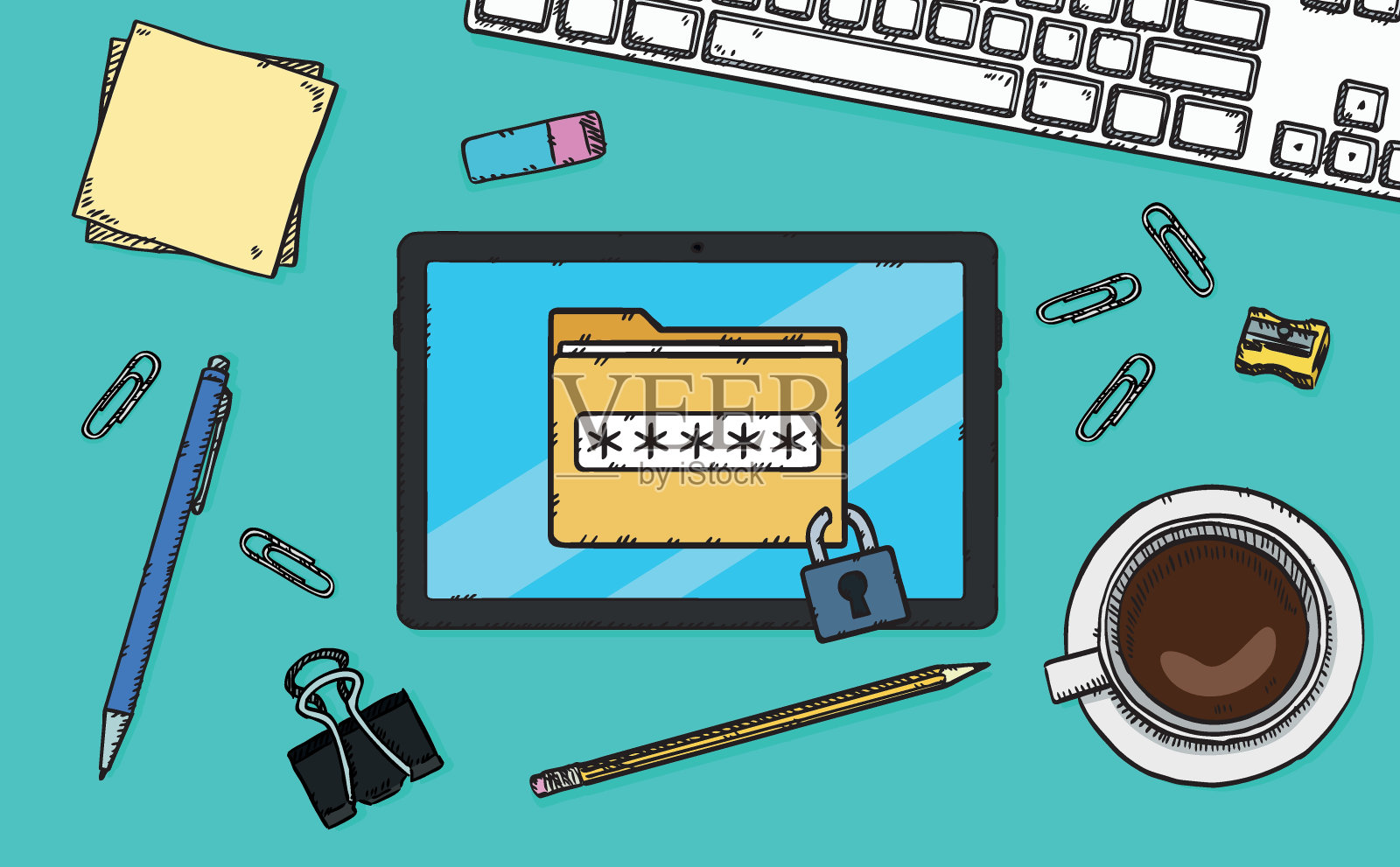 密码保护文件夹的文件显示在平板电脑屏幕上。平板电脑放在办公室的桌子上。手绘矢量图形。插画图片素材