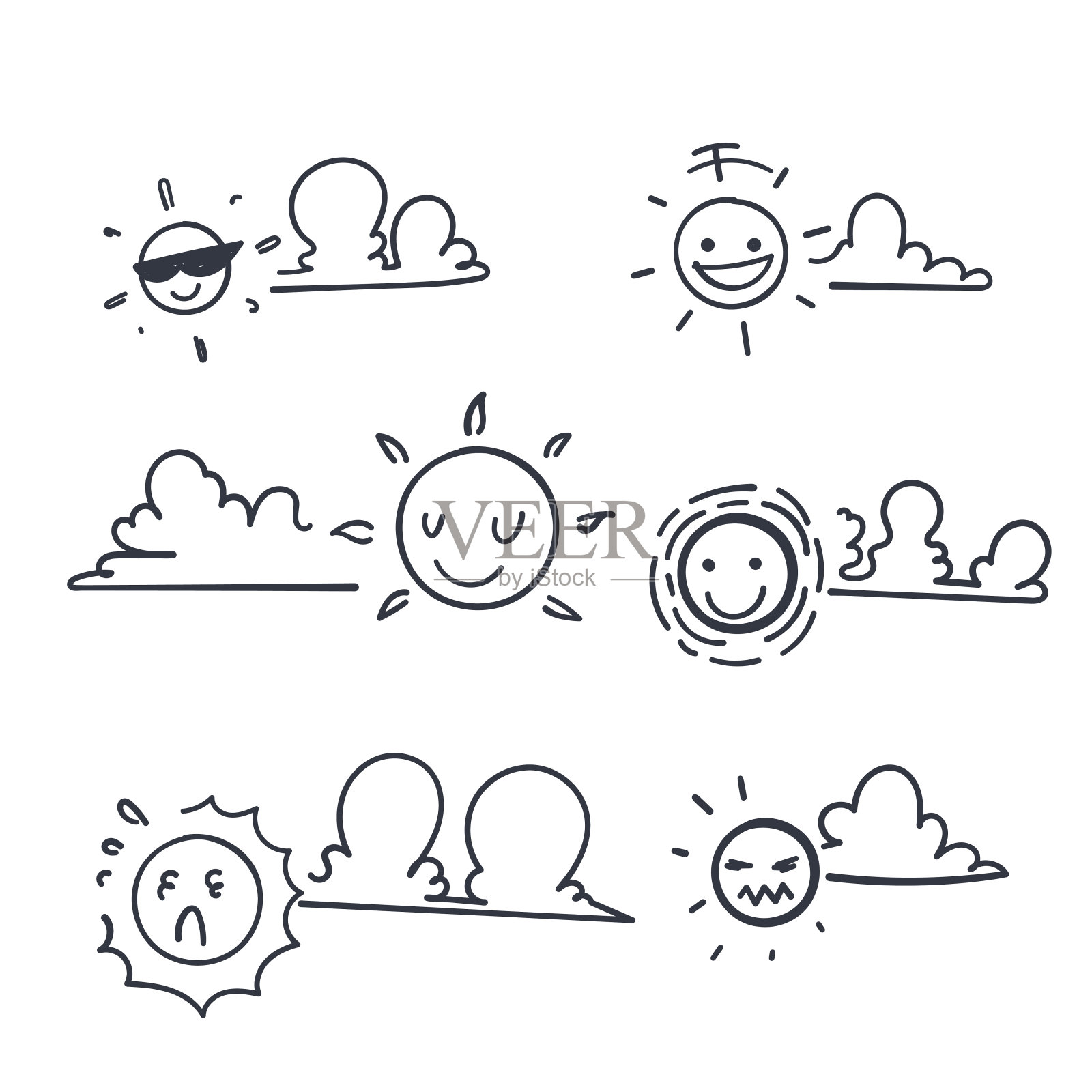 手绘涂鸦有趣的太阳和云插图矢量插画图片素材
